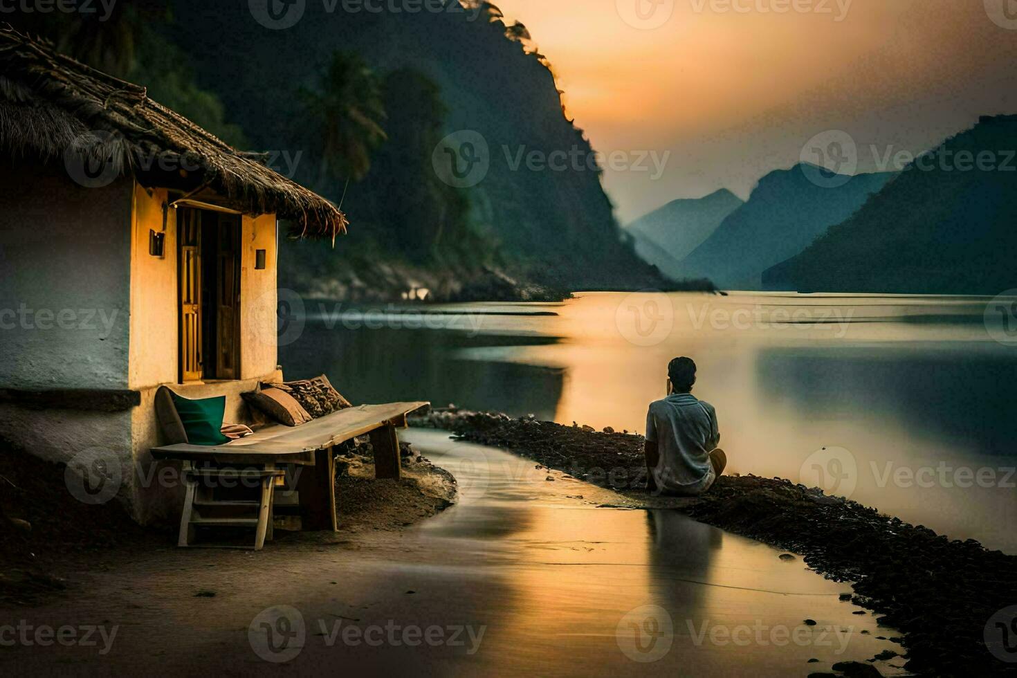 un' uomo seduta su il riva di un' lago a tramonto. ai-generato foto