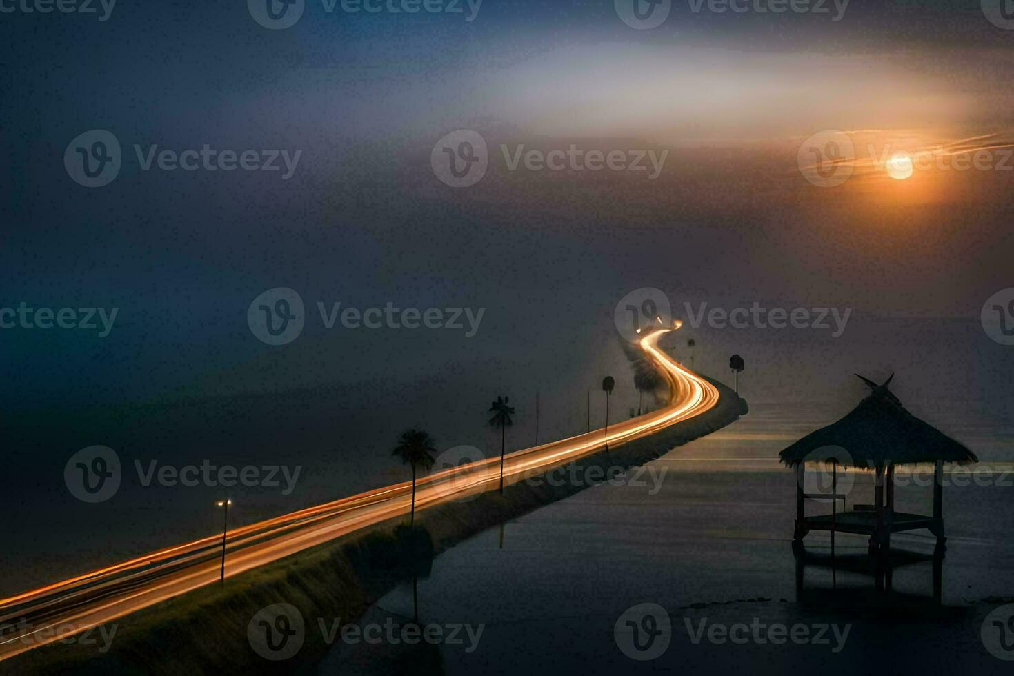 un' lungo esposizione foto di un' strada e un' gazebo su il acqua. ai-generato