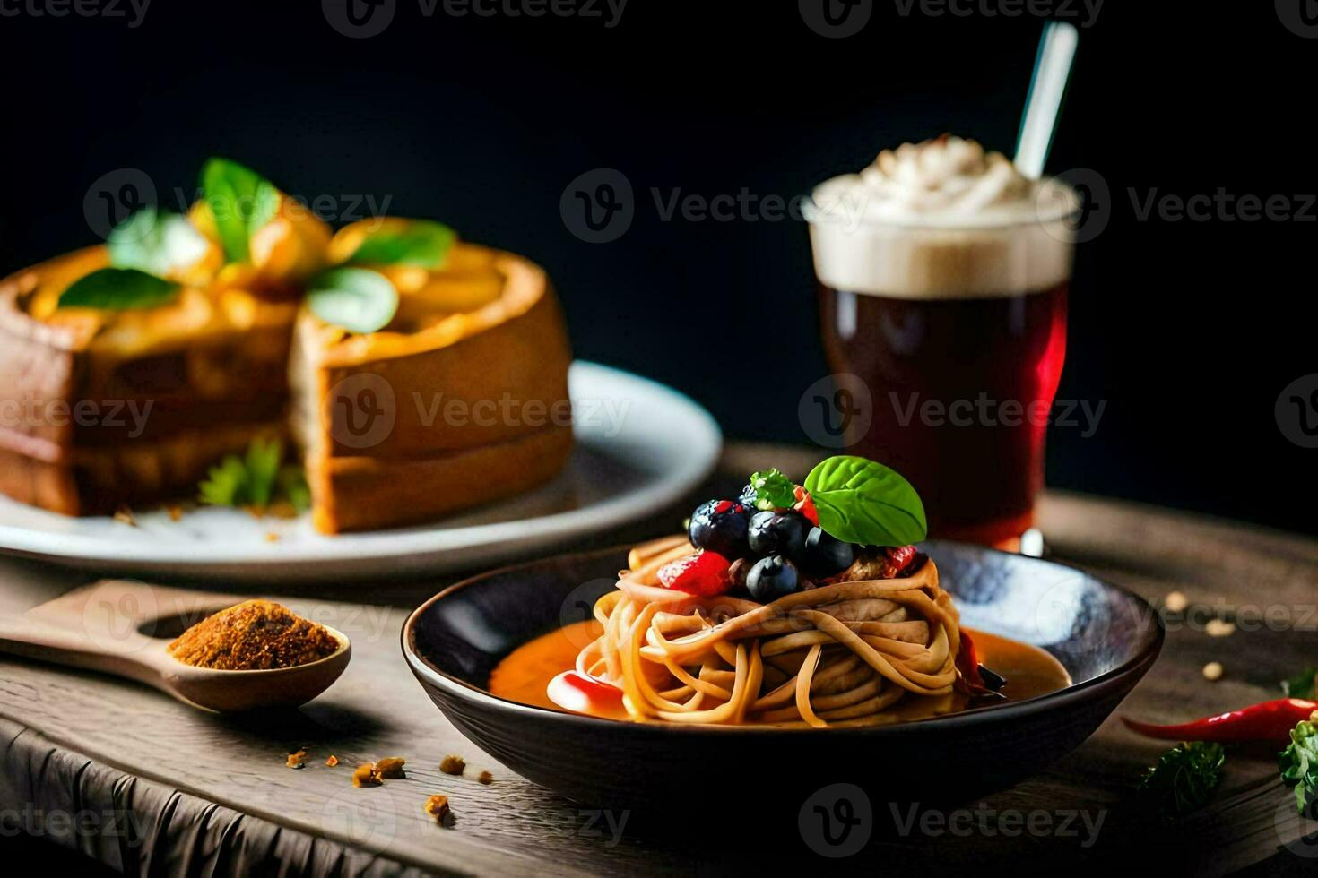 spaghetti con pomodoro salsa e formaggio su un' di legno tavolo. ai-generato foto