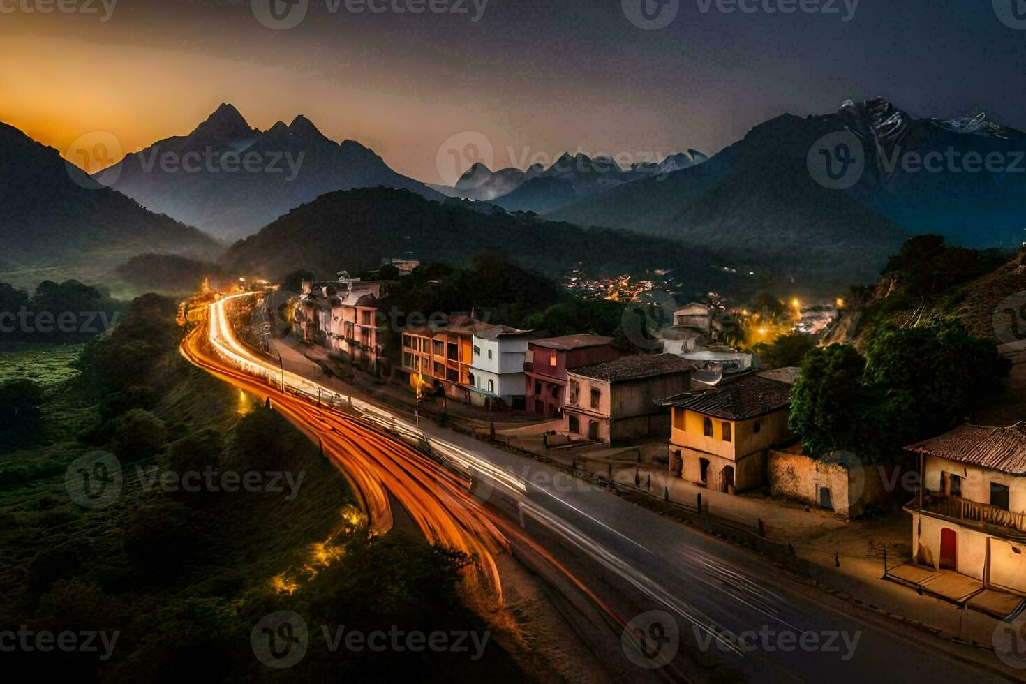 un' cittadina e montagne a crepuscolo. ai-generato foto