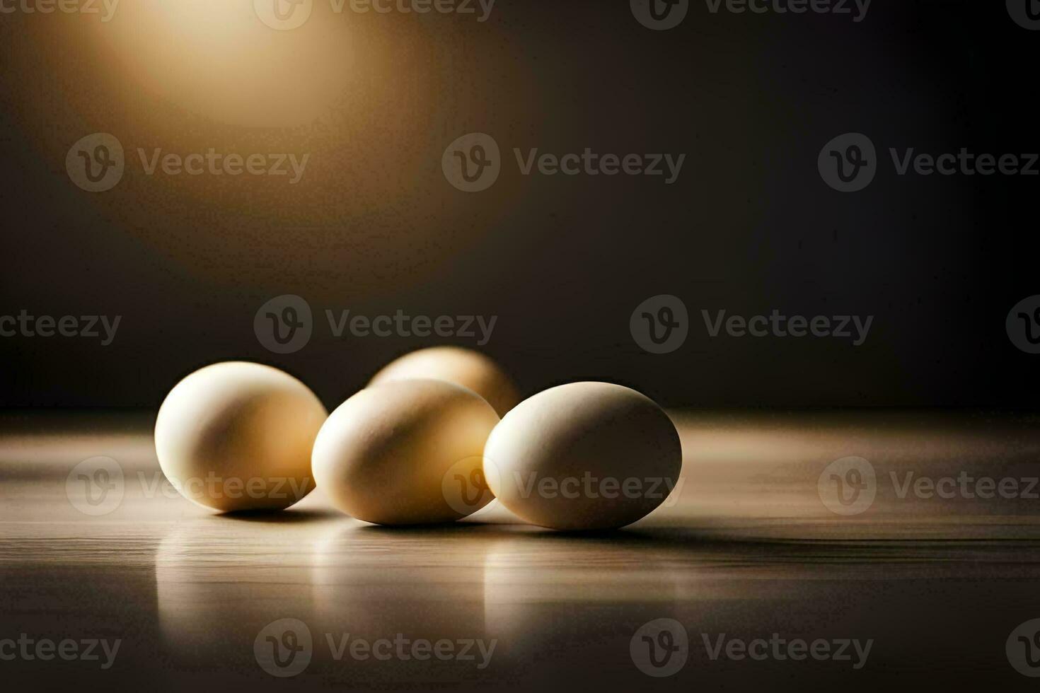 quattro uova su un' tavolo con un' leggero dietro a loro. ai-generato foto