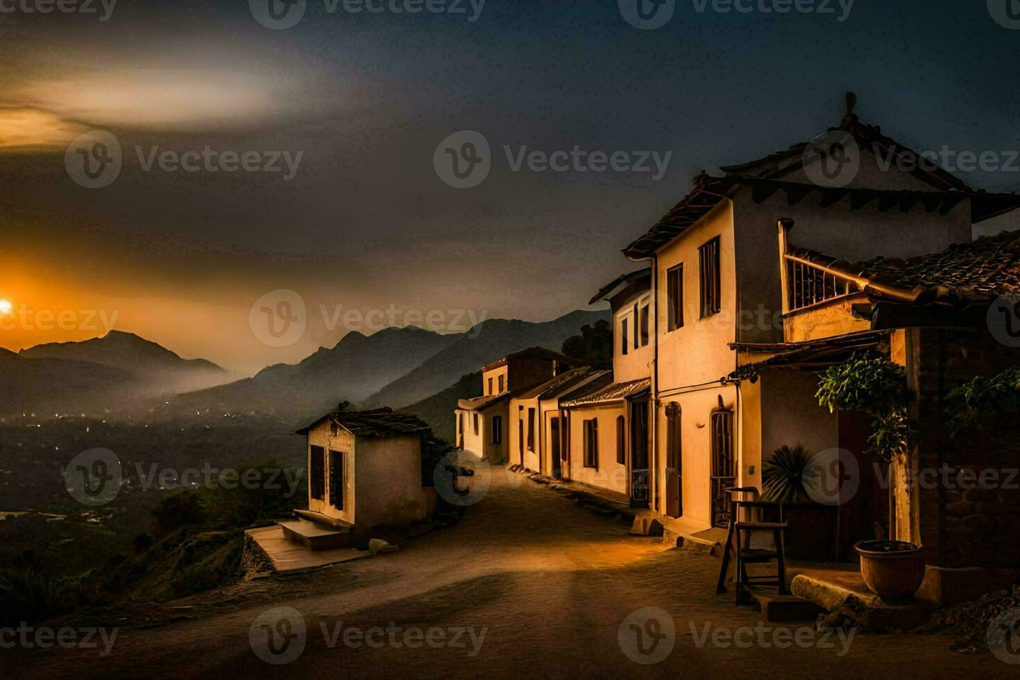 foto sfondo il cielo, montagne, il sole, il montagne, il villaggio, il villaggio,. ai-generato