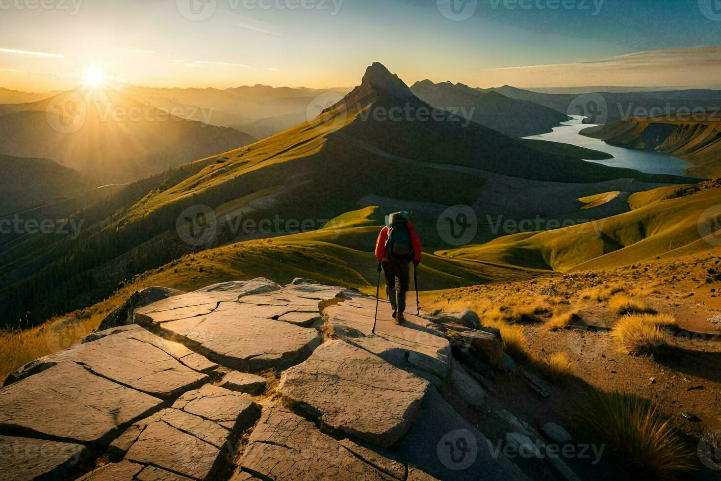 il sole sorge al di sopra di il montagne nel il sfondo. ai-generato foto