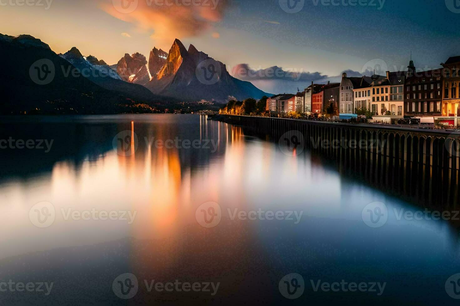 il montagne siamo riflessa nel il acqua a tramonto. ai-generato foto