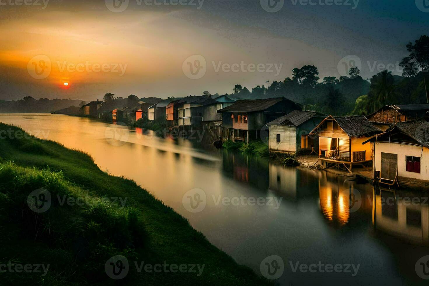 un' fiume nel il mezzo di un' villaggio a tramonto. ai-generato foto
