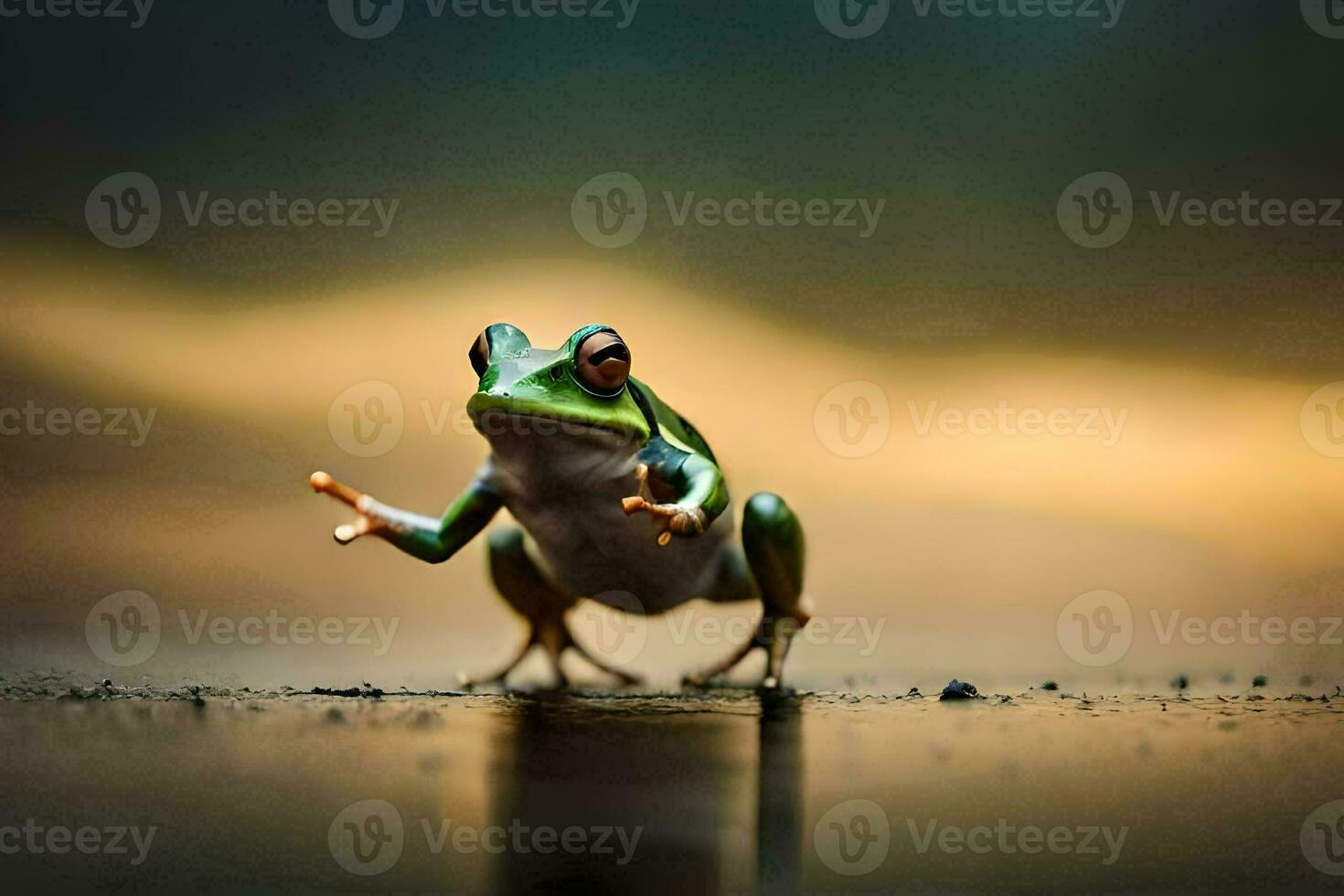 un' rana è in piedi su suo posteriore gambe su un' bagnato superficie. ai-generato foto