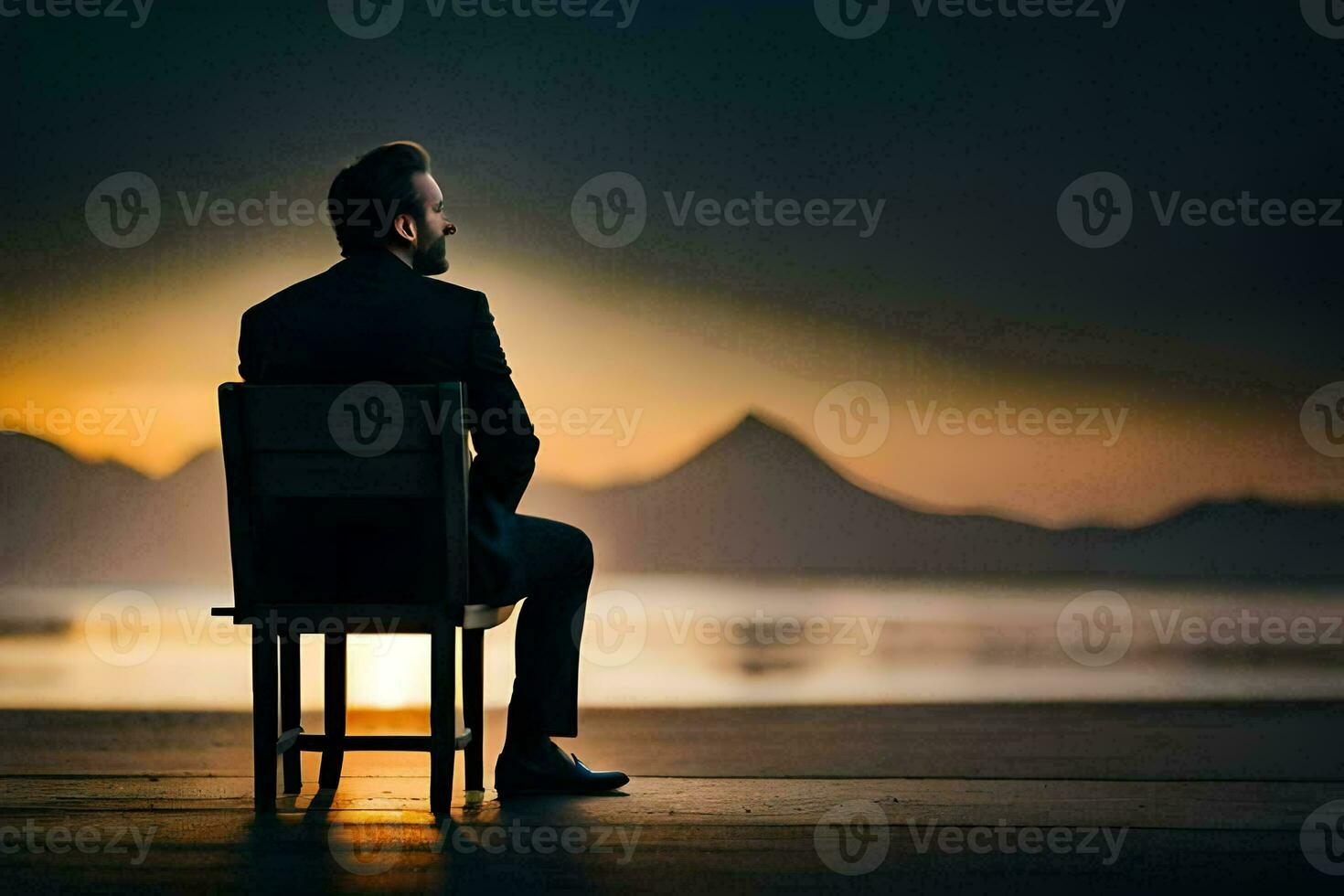 un' uomo seduta su un' sedia a tramonto. ai-generato foto
