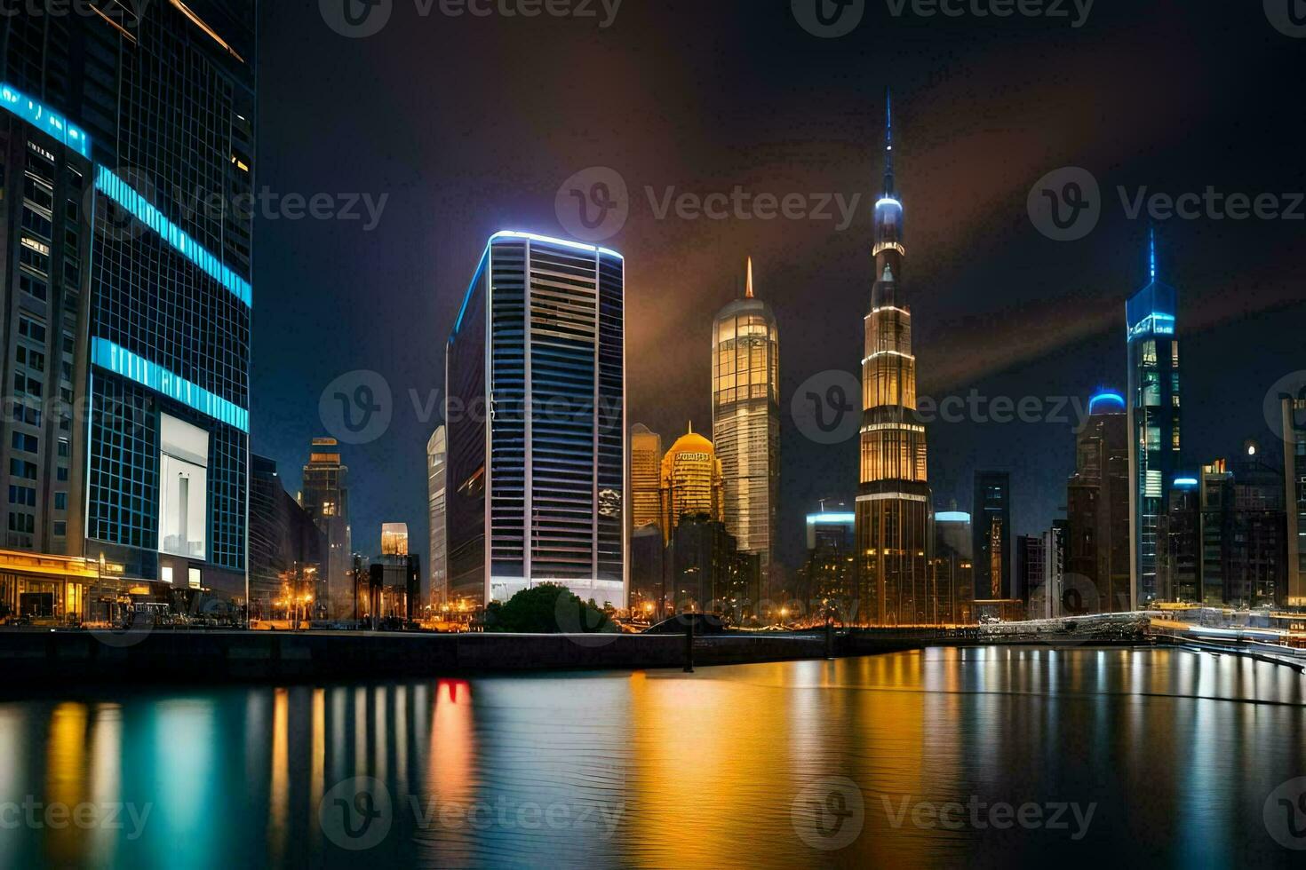 il città orizzonte a notte nel dubai. ai-generato foto