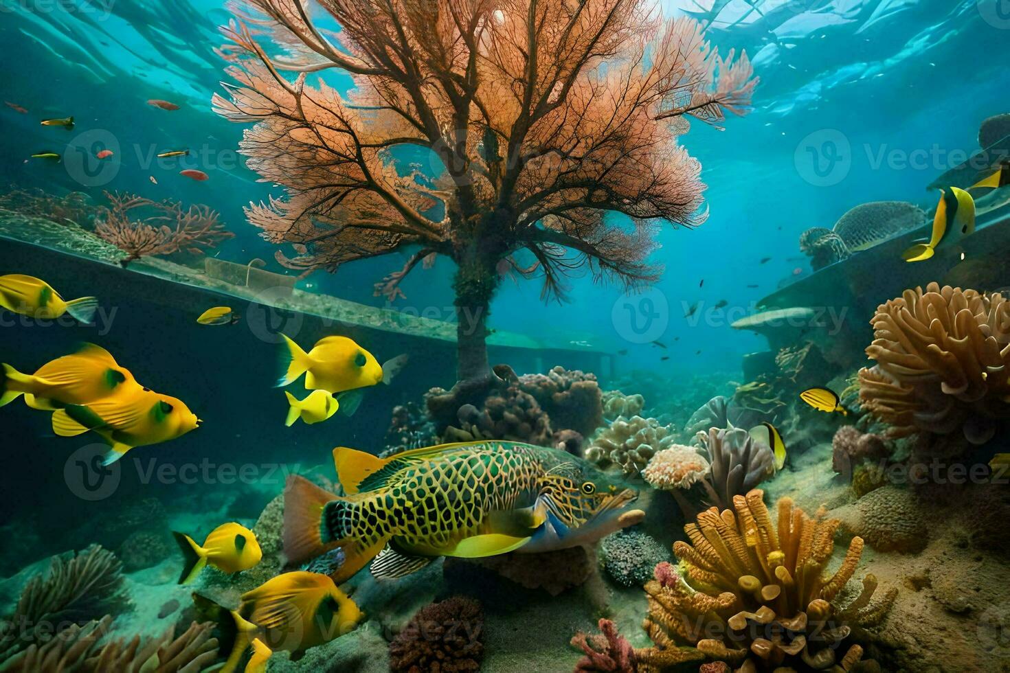 un subacqueo scena con molti pesce e corallo. ai-generato foto