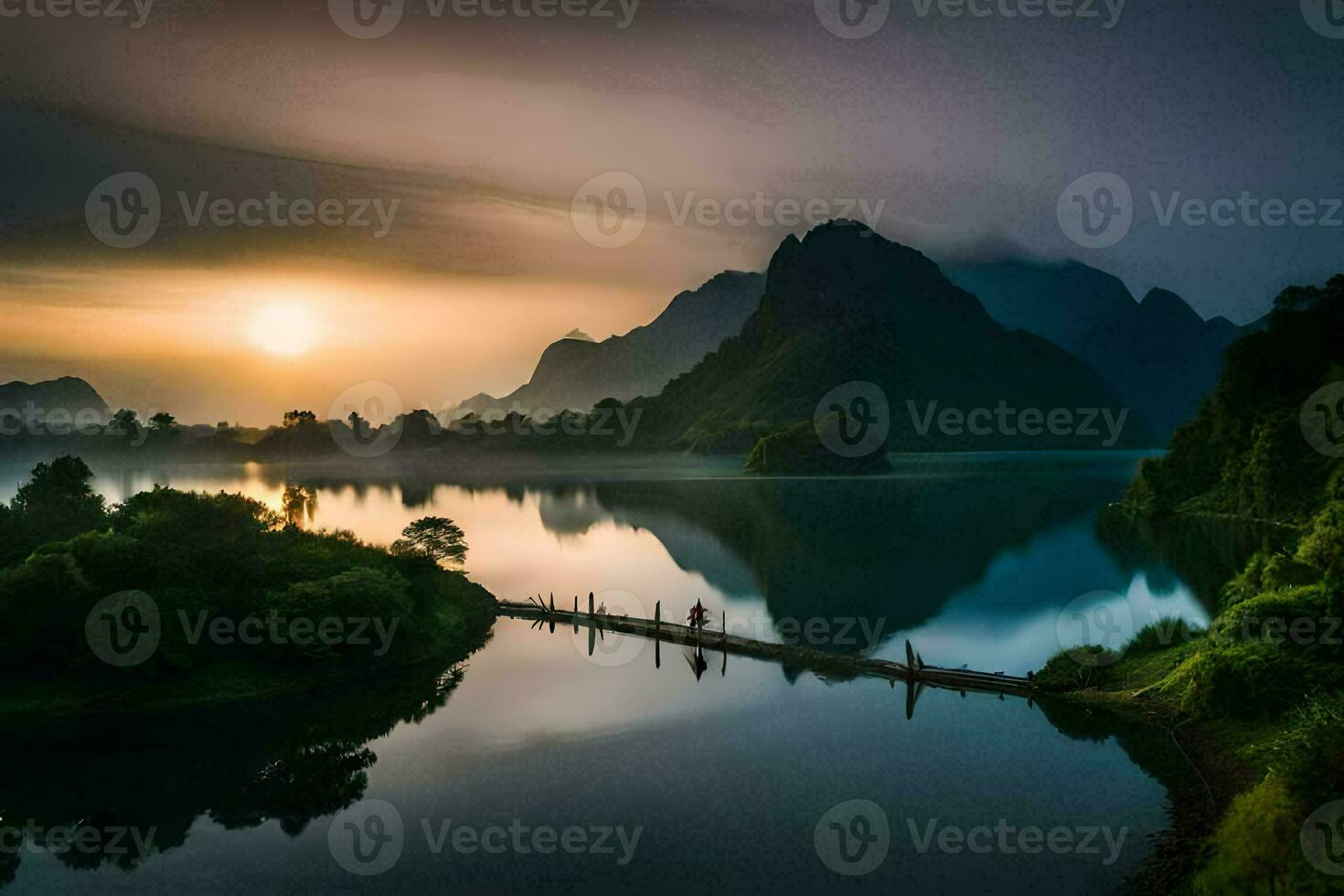 il sole sorge al di sopra di un' lago e montagne nel Vietnam. ai-generato foto