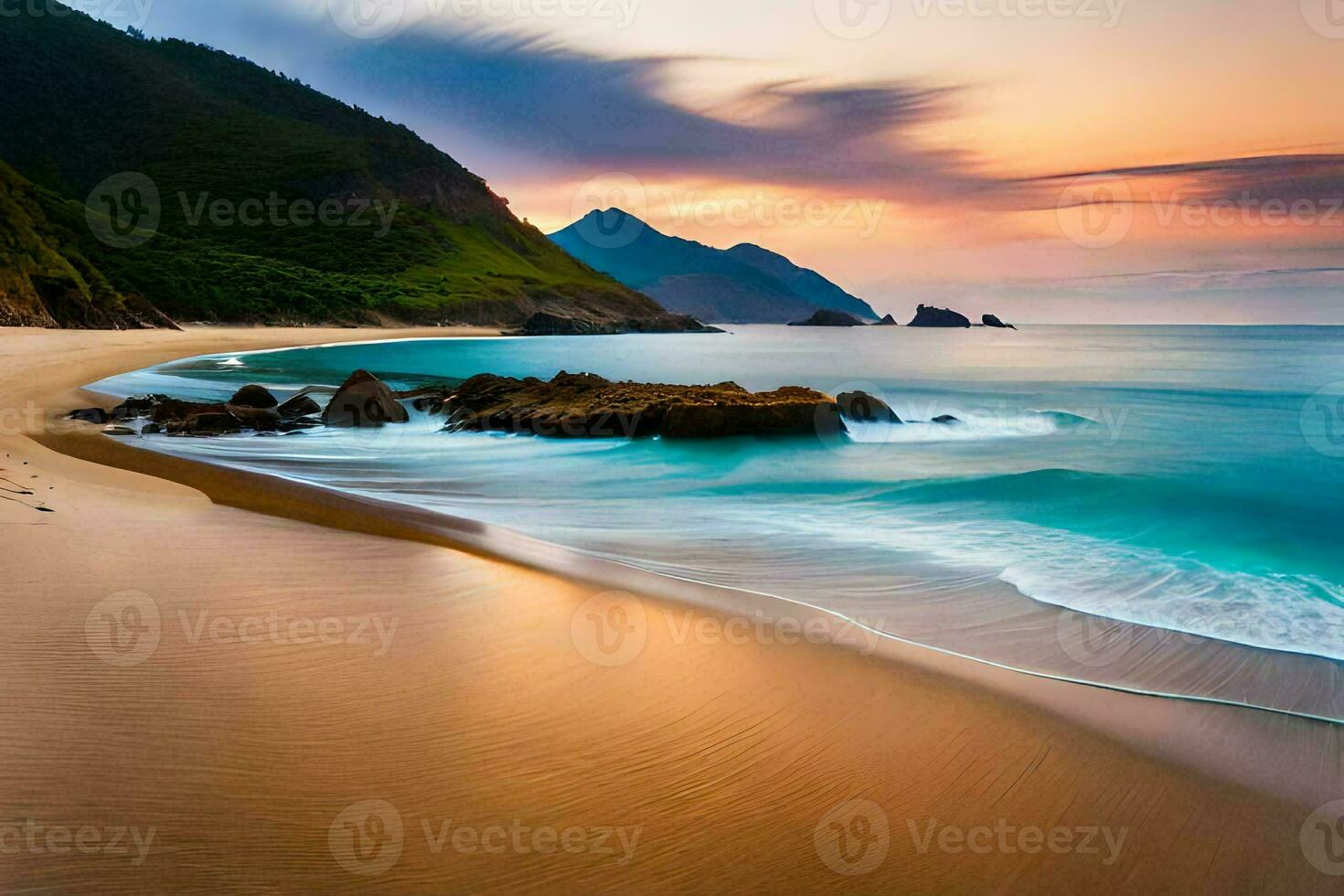 un' bellissimo spiaggia a tramonto con onde Crashing su il sabbia. ai-generato foto