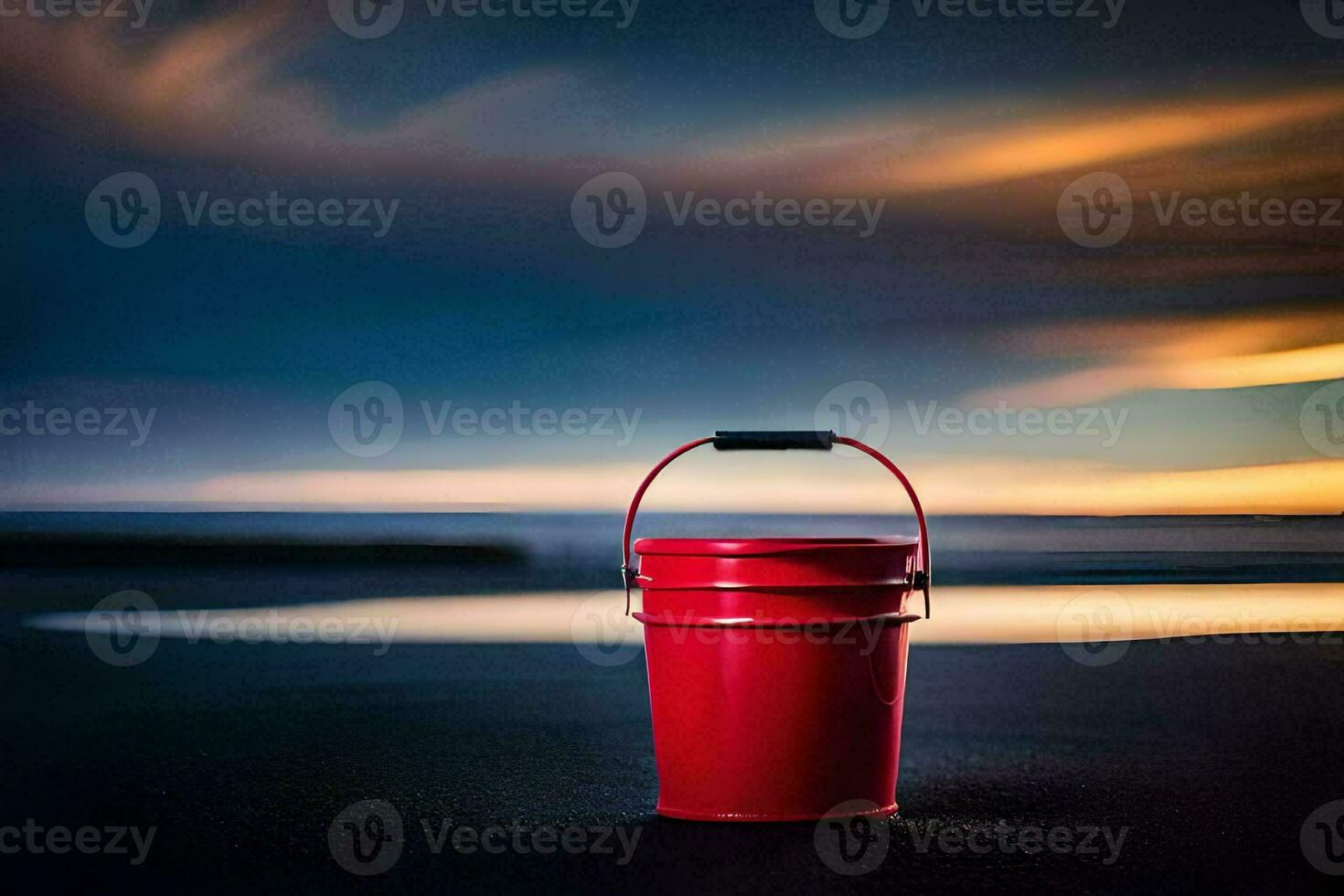 un' rosso secchio su il spiaggia a tramonto. ai-generato foto