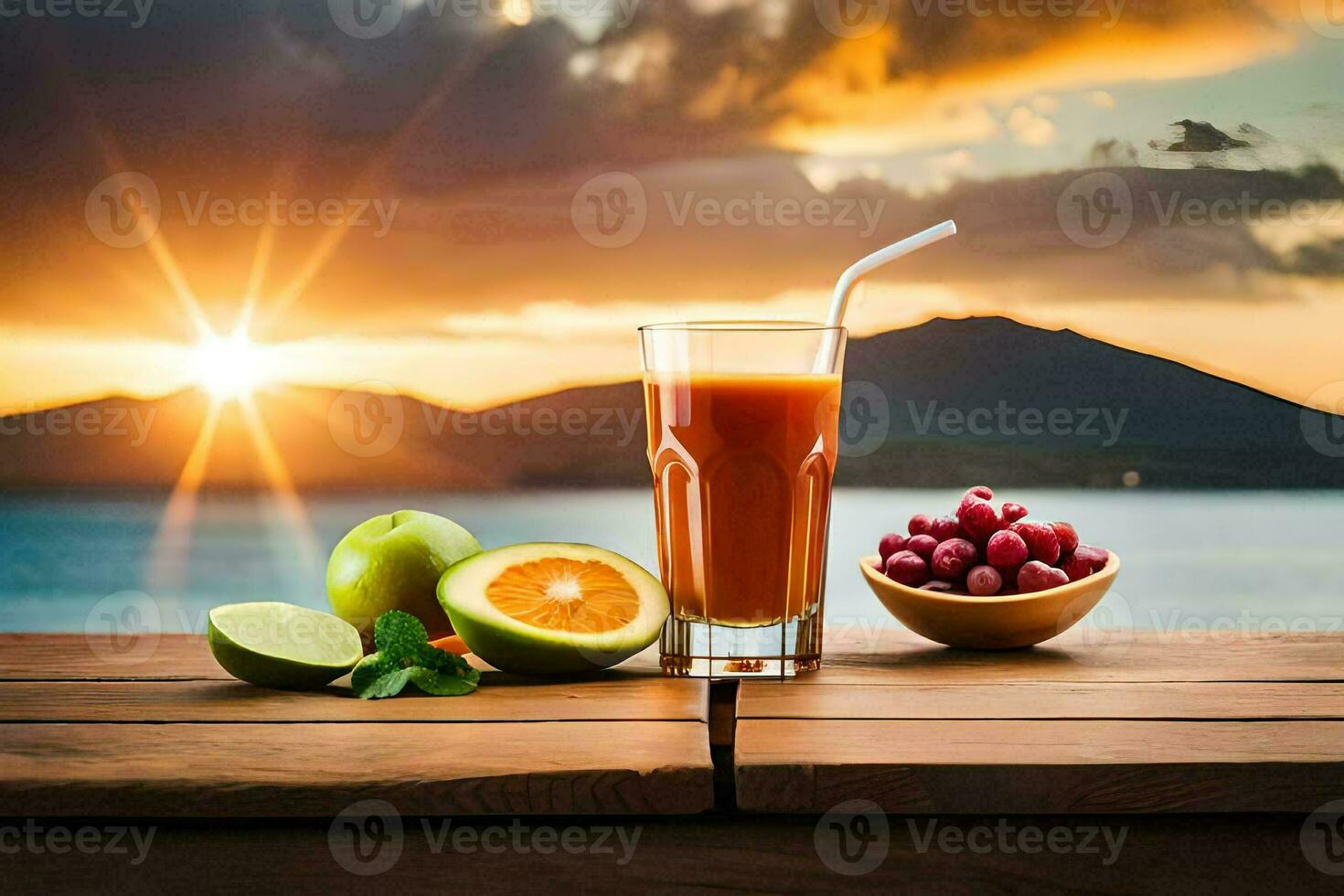 un' bicchiere di succo e frutta su un' di legno tavolo con il sole ambientazione dietro a esso. ai-generato foto