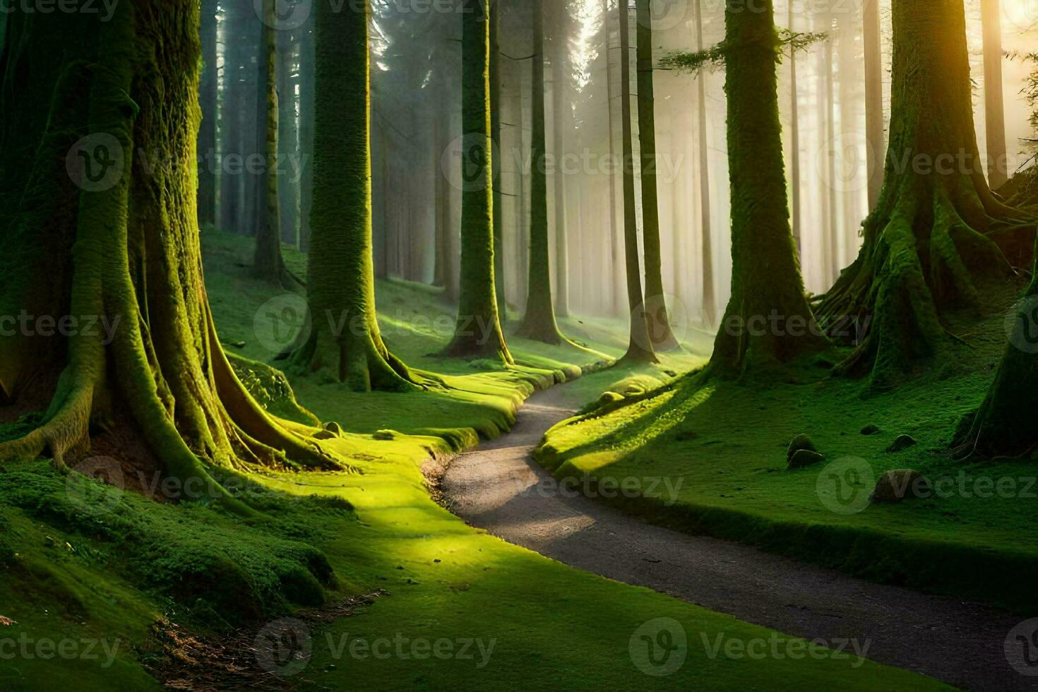 un' sentiero attraverso un' foresta con alto alberi. ai-generato foto