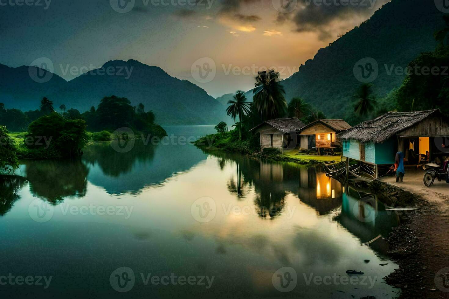 un' piccolo villaggio si siede su il riva di un' fiume. ai-generato foto