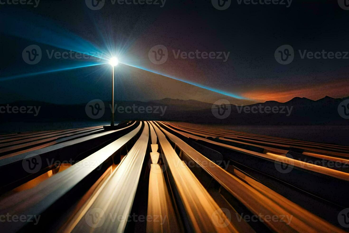 un' lungo esposizione foto di un' treno traccia a notte. ai-generato