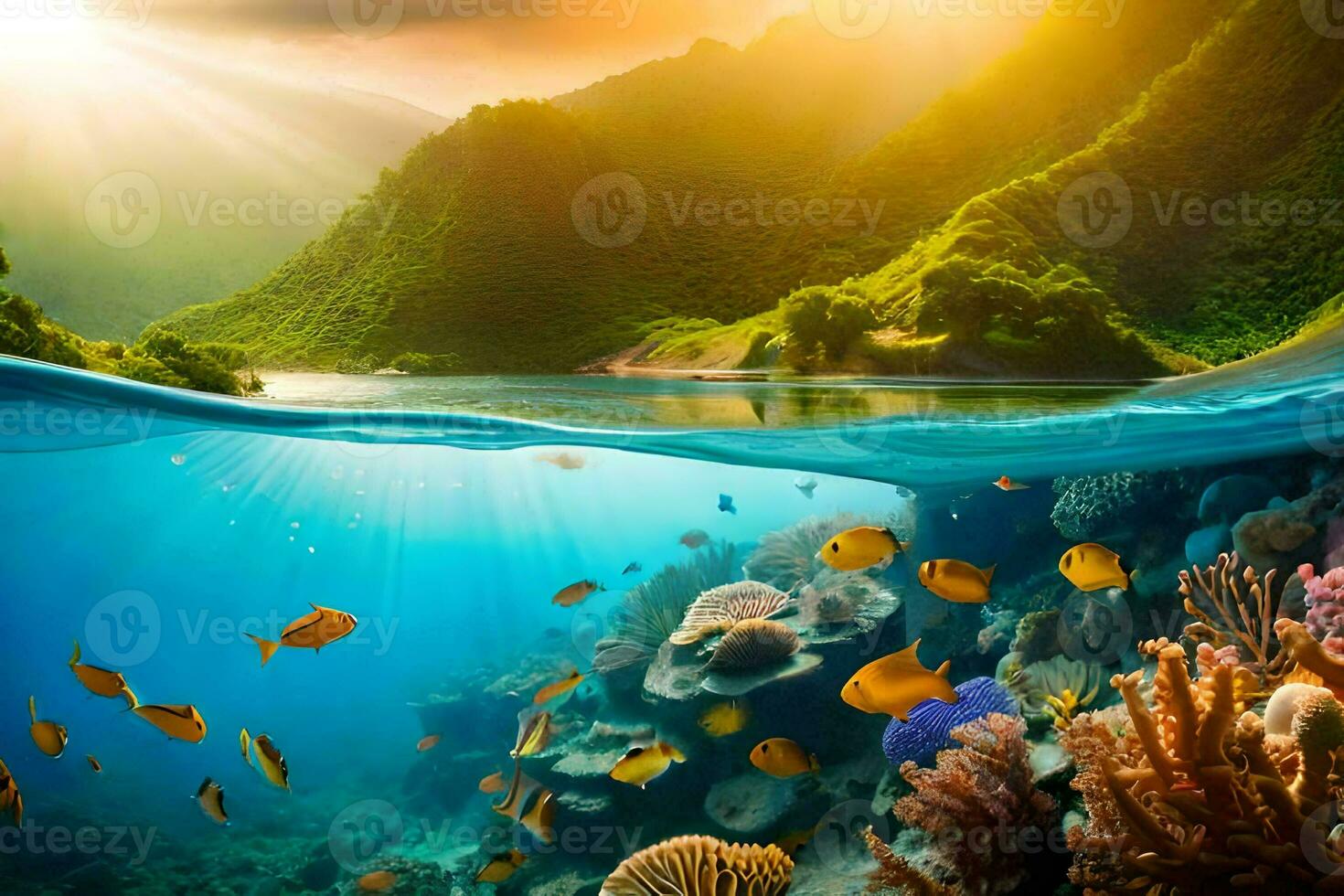 il sole brilla al di sopra di un' tropicale scogliera e corallo scogliera. ai-generato foto