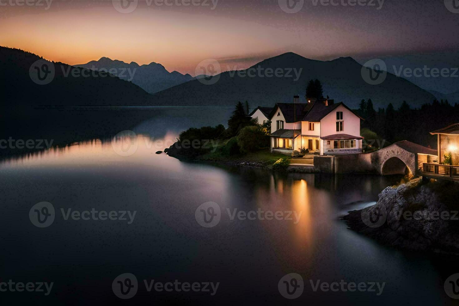 un' Casa si siede su il bordo di un' lago a crepuscolo. ai-generato foto
