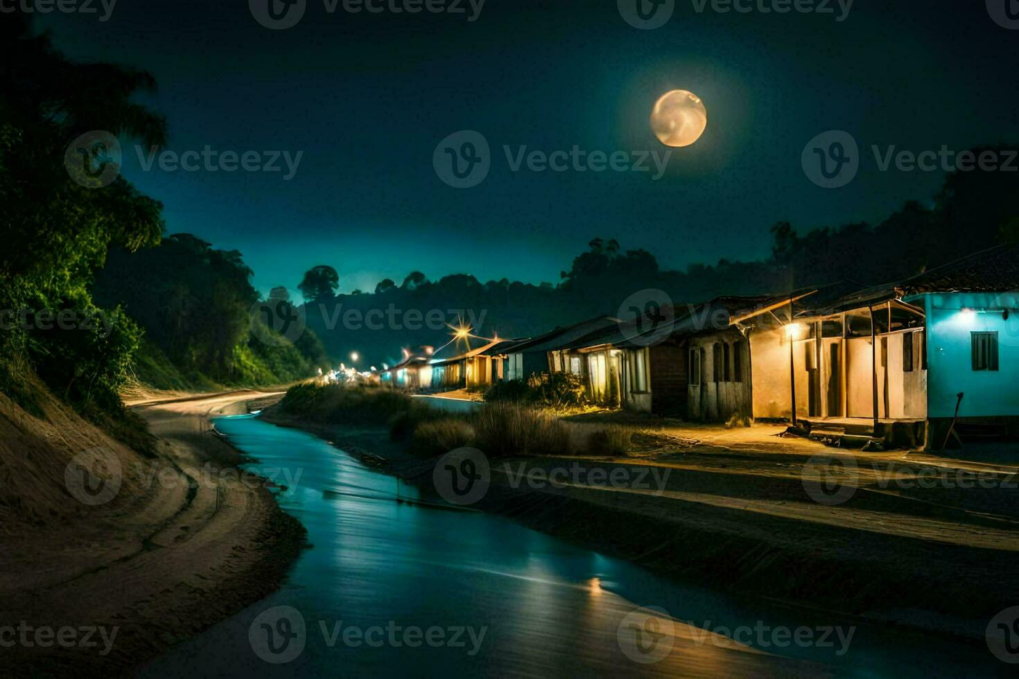 un' fiume corre attraverso un' villaggio a notte. ai-generato foto