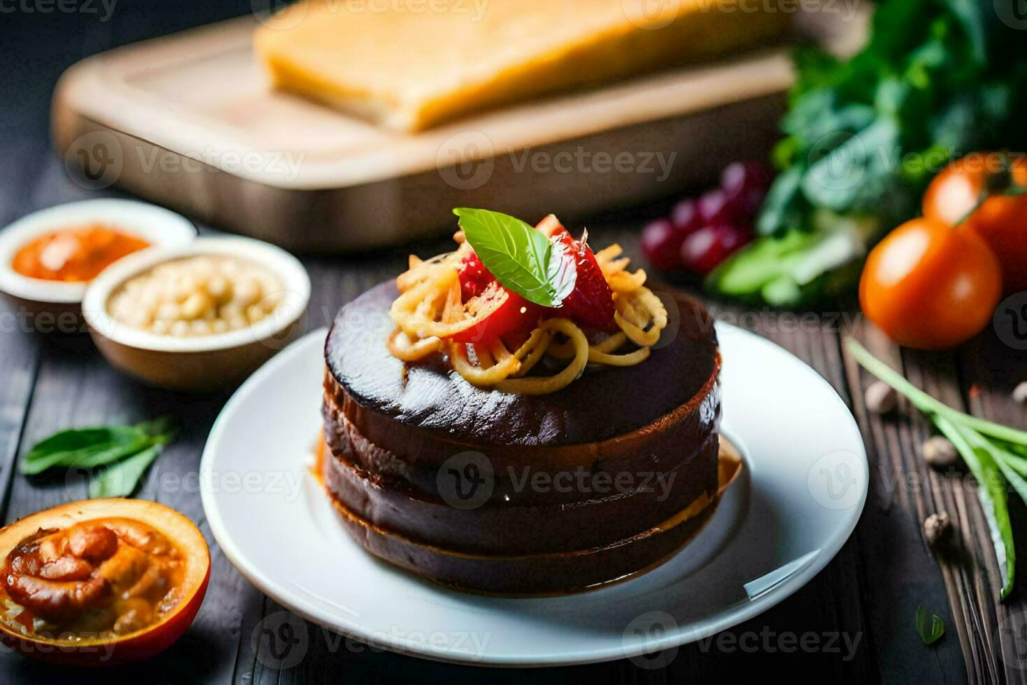 un' cioccolato torta con frutta e noccioline su un' di legno tavolo. ai-generato foto