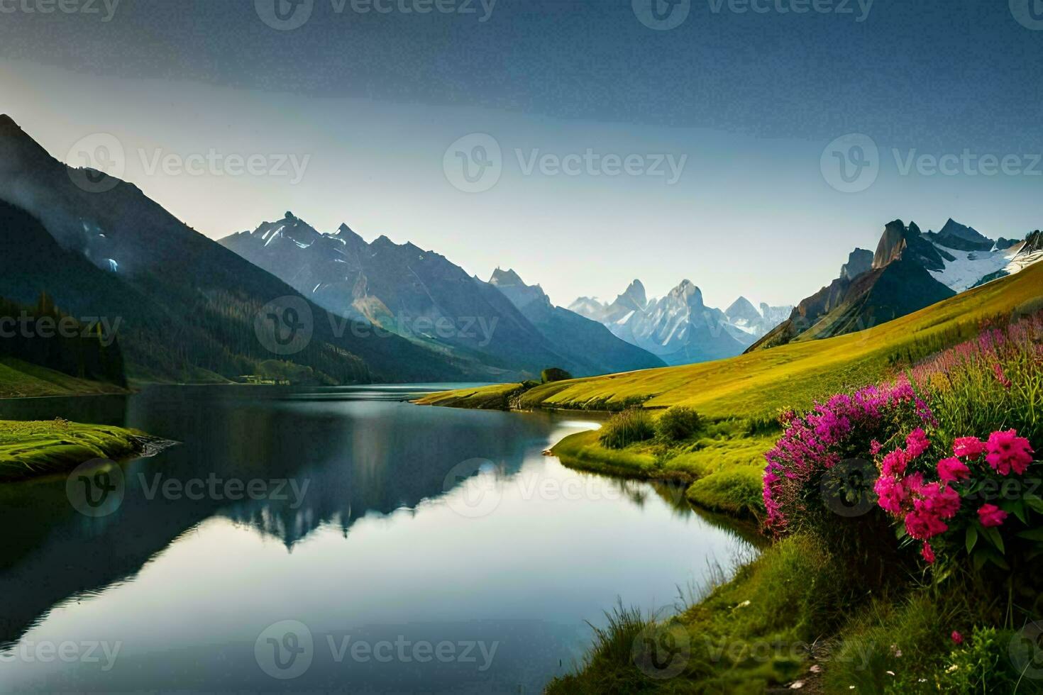 un' bellissimo montagna lago circondato di fiori. ai-generato foto