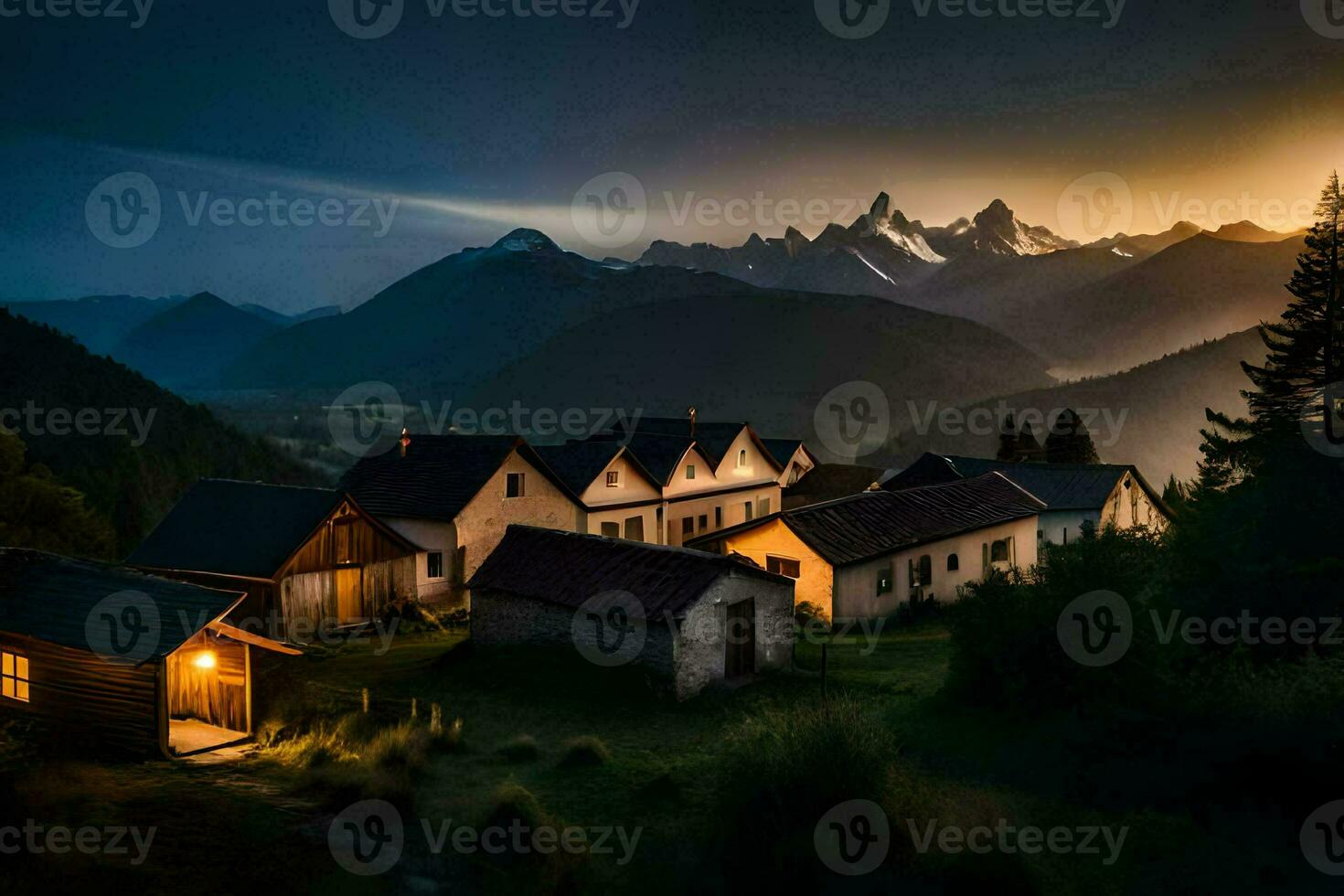 foto sfondo il cielo, montagne, il sole, il montagne, il villaggio, il montagne,. ai-generato
