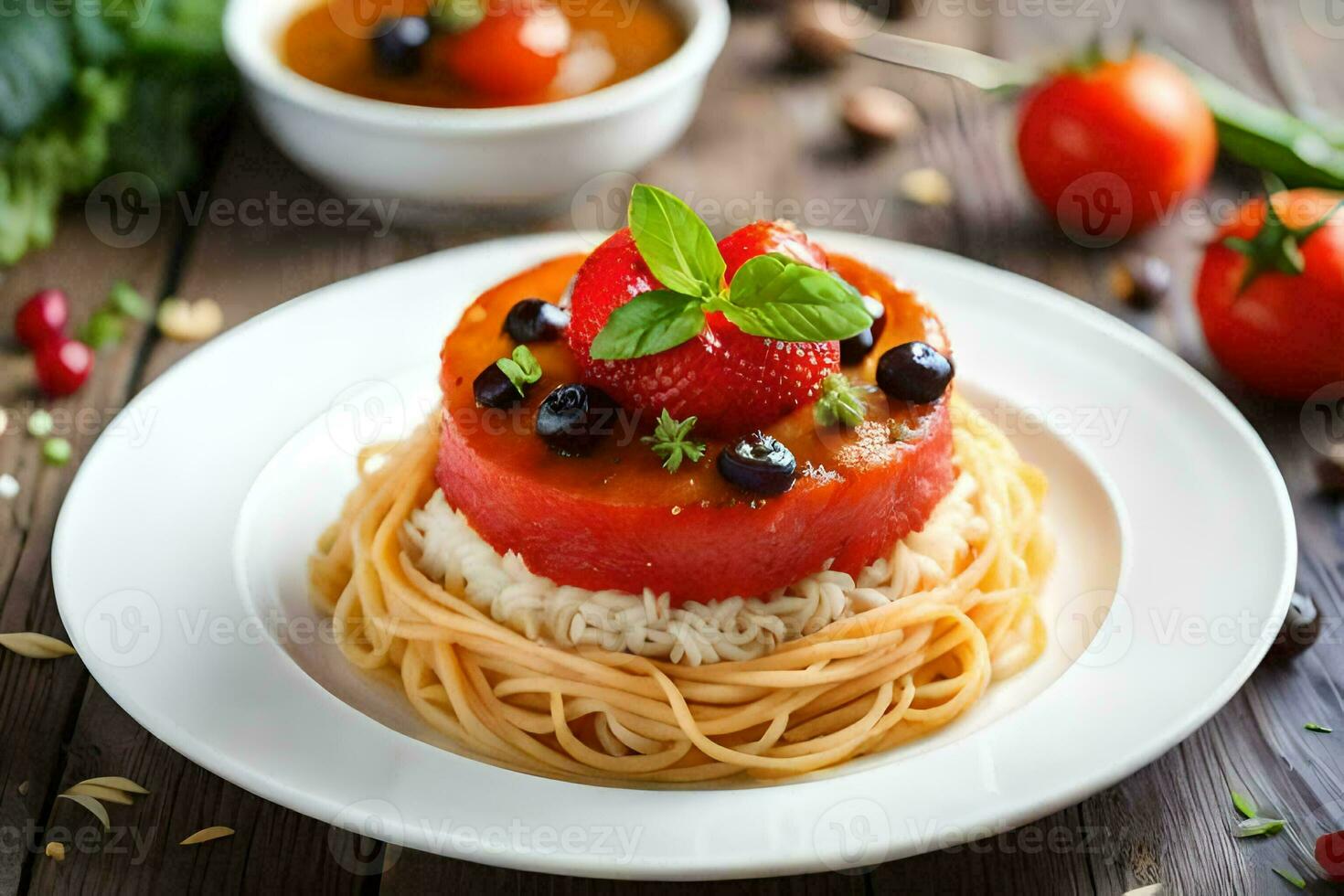 un' piatto di spaghetti sormontato con pomodoro, basilico e formaggio. ai-generato foto
