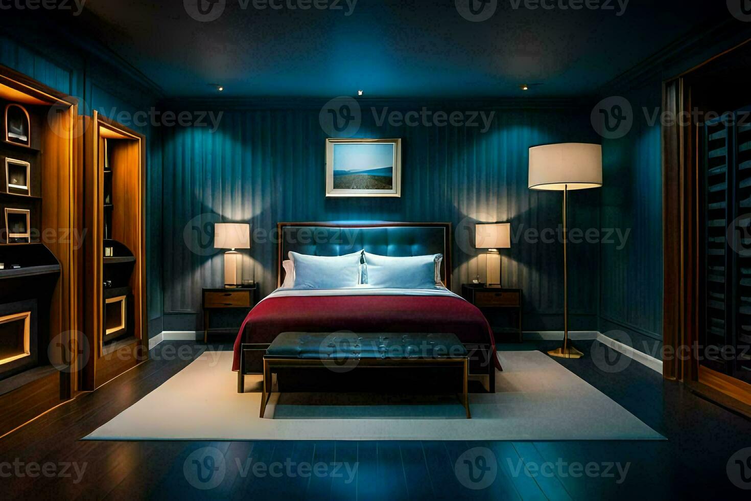 un' Camera da letto con blu muri e un' letto. ai-generato foto