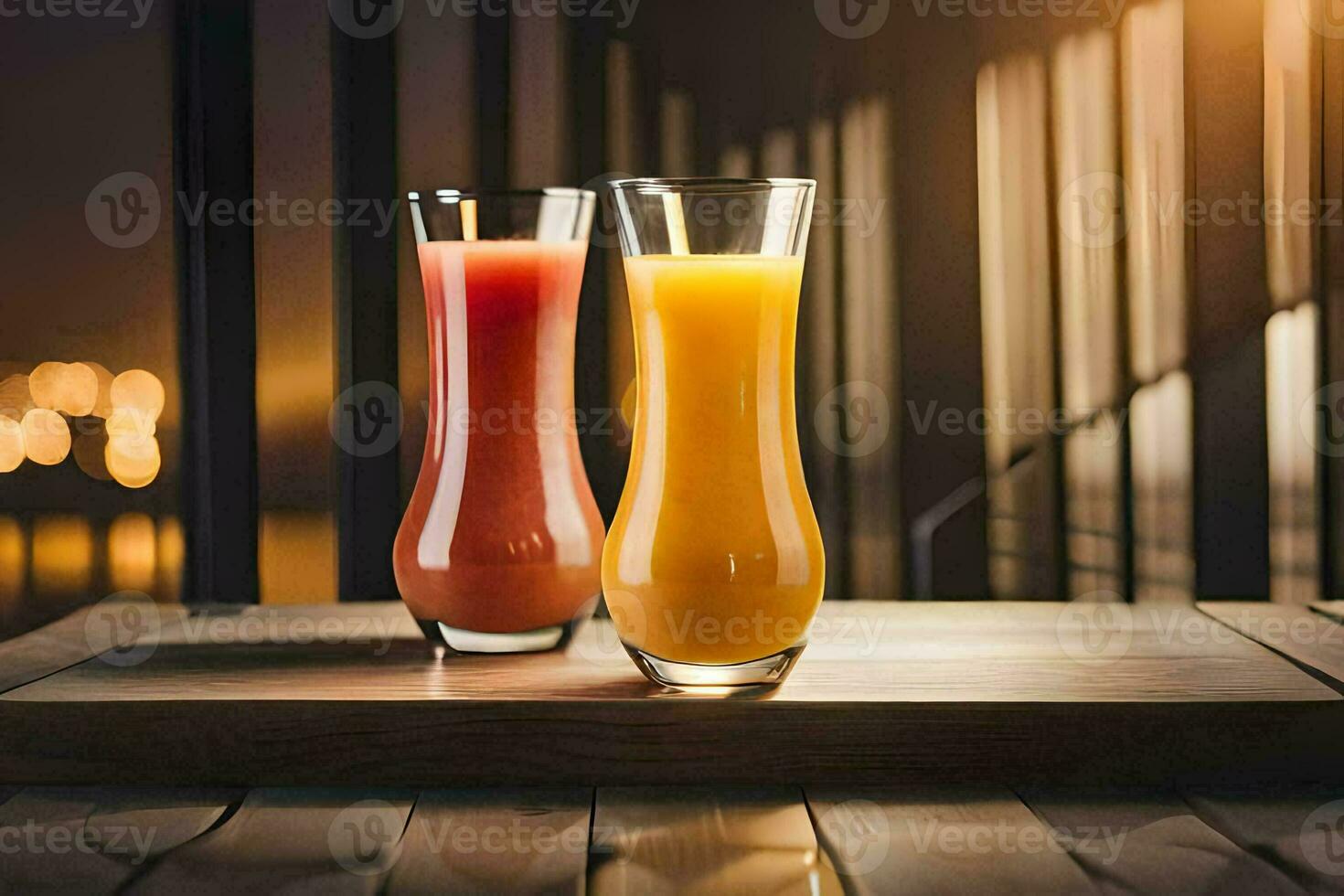 Due bicchieri di arancia succo su un' di legno tavolo. ai-generato foto
