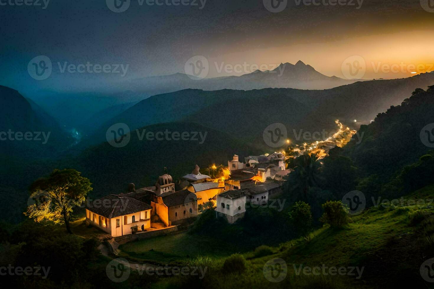 foto sfondo il cielo, montagne, il villaggio, il tramonto, il villaggio, il villaggio,. ai-generato