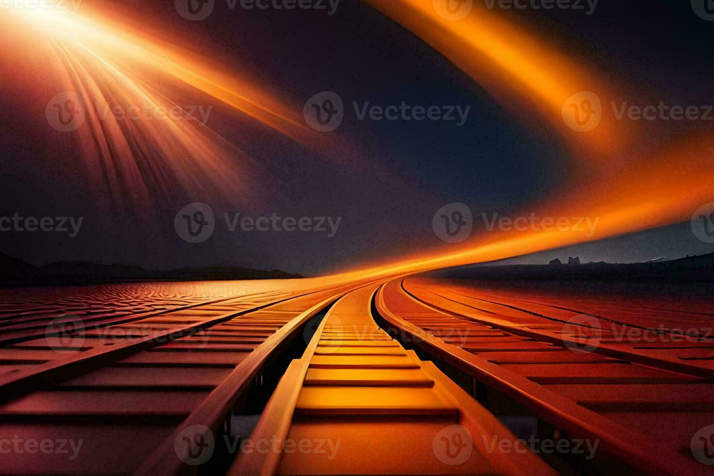 un' treno traccia con luminosa luci e un' lungo fascio di luce. ai-generato foto