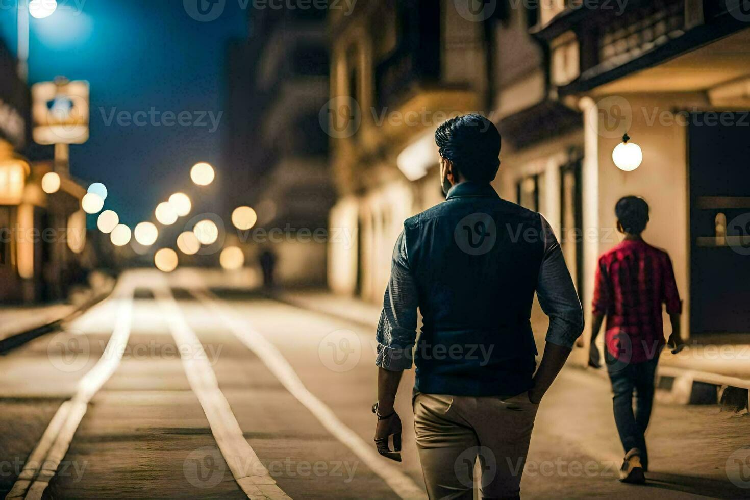 Due uomini a piedi giù il strada a notte. ai-generato foto