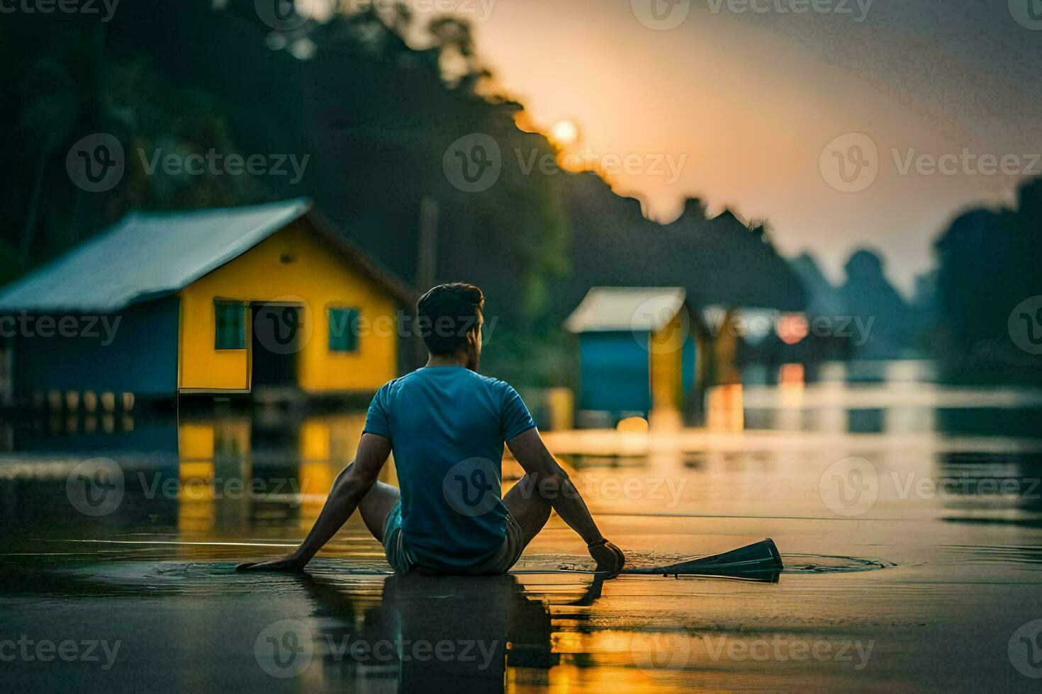 un' uomo seduta su il riva di un' fiume a tramonto. ai-generato foto