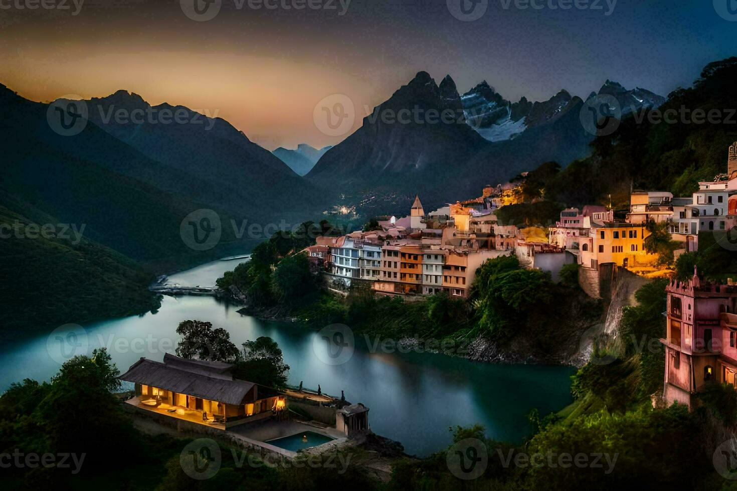 un' villaggio si siede su il bordo di un' fiume a crepuscolo. ai-generato foto