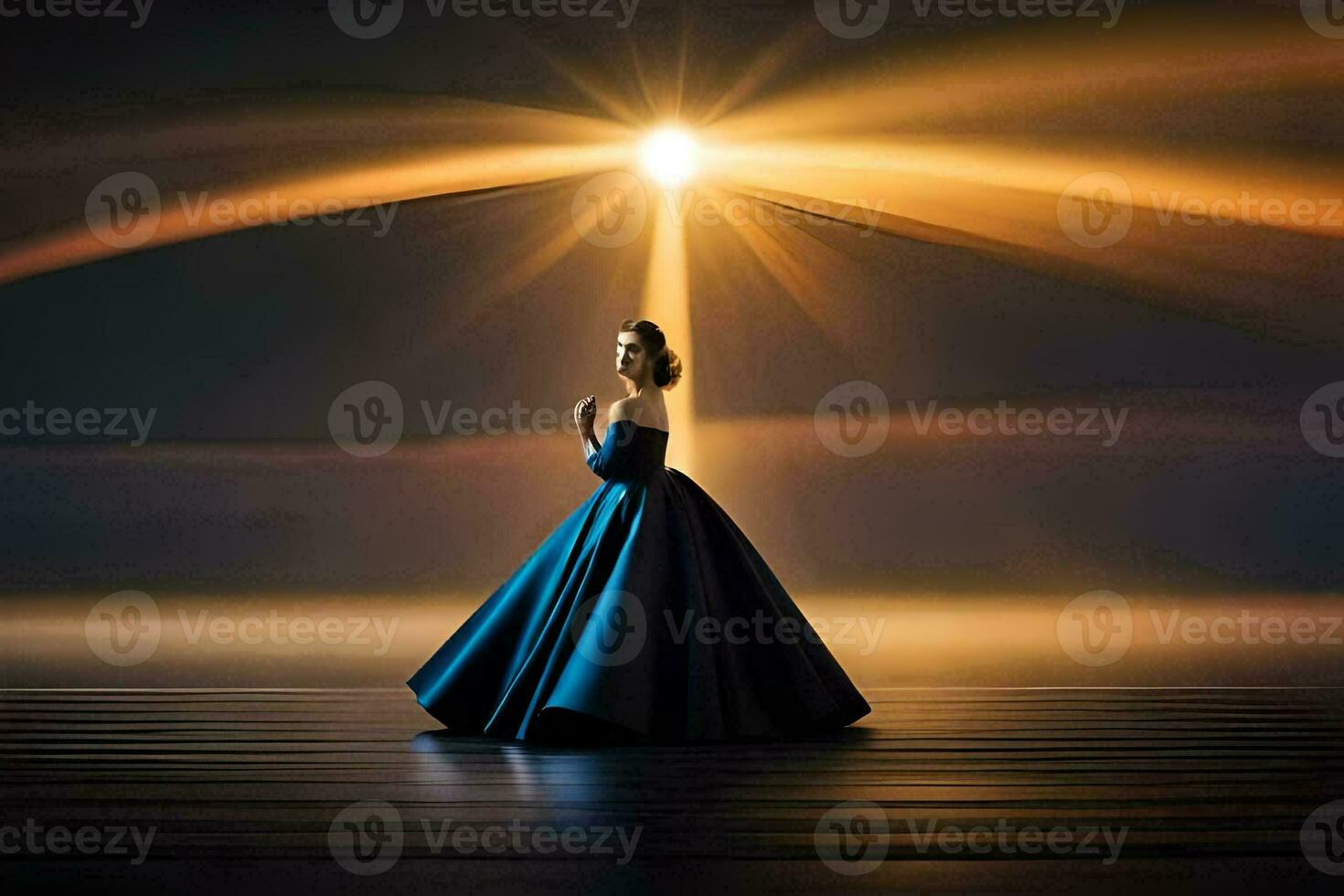 un' donna nel un' blu vestito in piedi nel davanti di un' luce. ai-generato foto