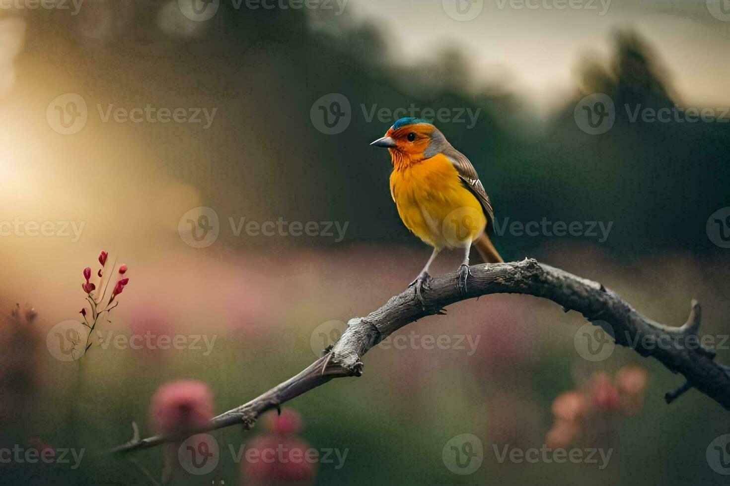 un' uccello si siede su un' ramo nel un' campo. ai-generato foto