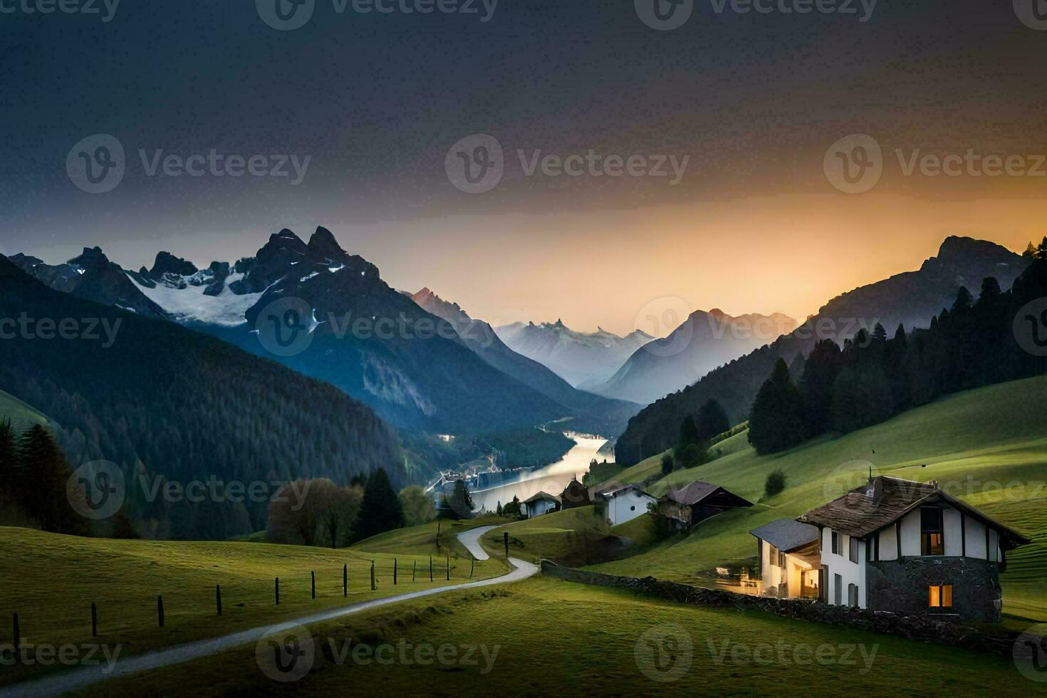 un' Casa nel il montagne a tramonto. ai-generato foto