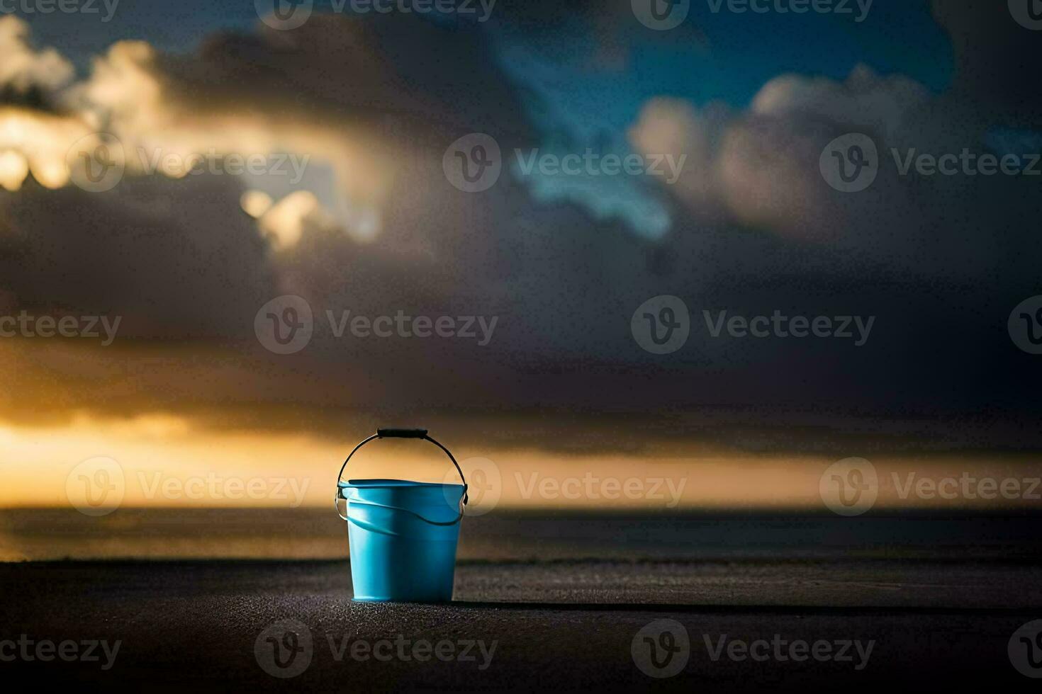 un' blu secchio si siede su il spiaggia a tramonto. ai-generato foto