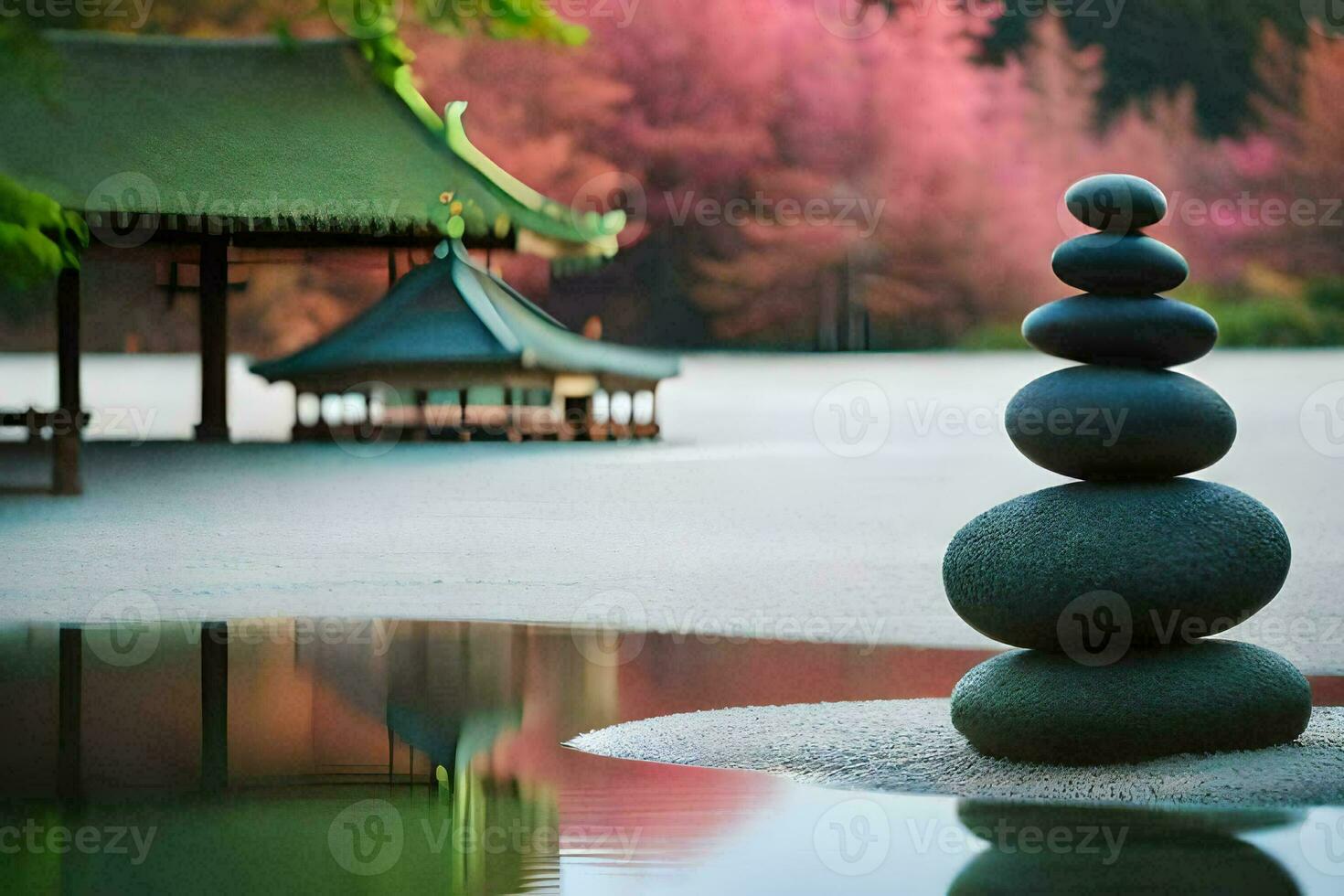 un' pila di rocce nel il acqua Il prossimo per un' pagoda. ai-generato foto