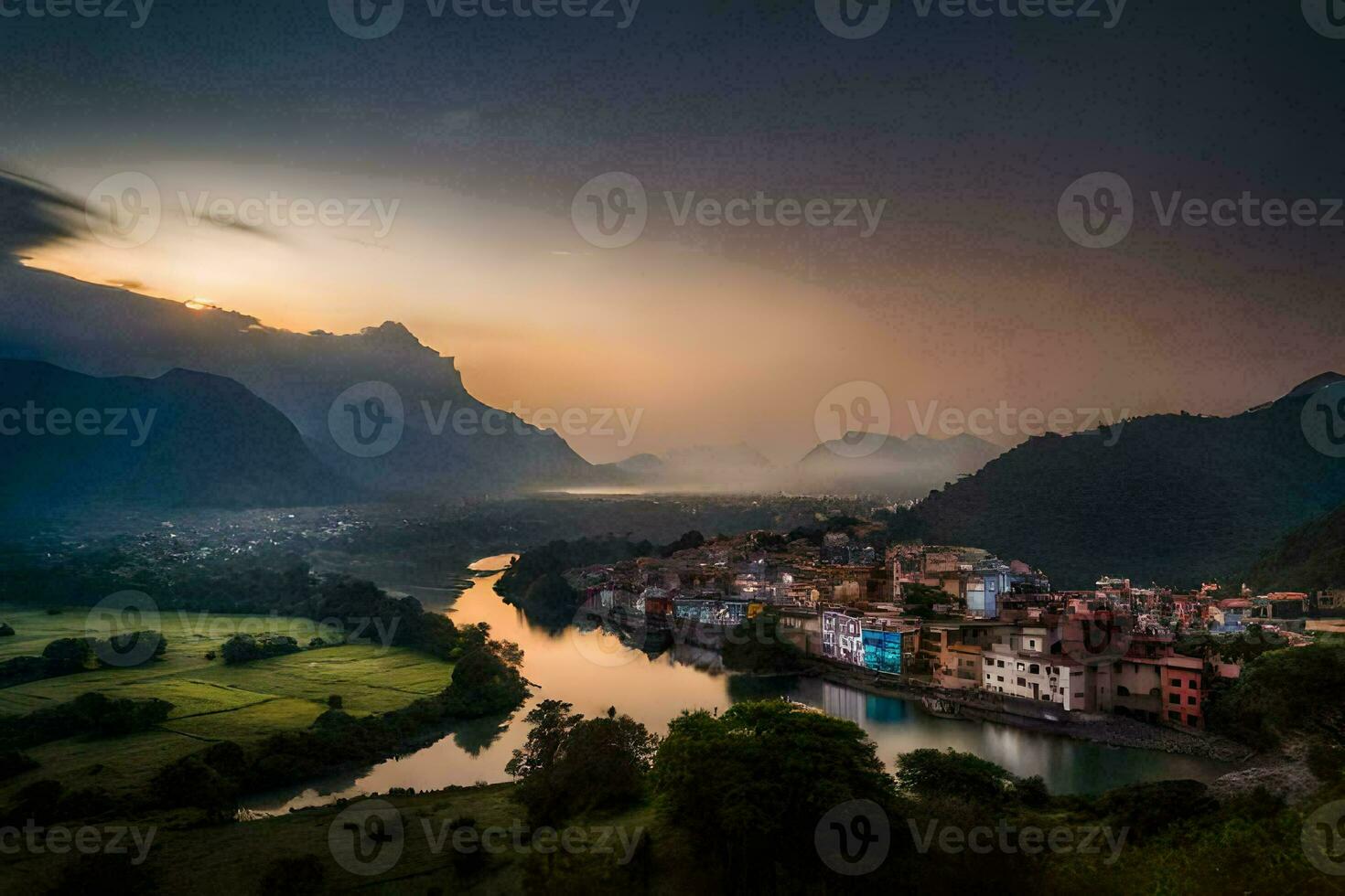 foto sfondo il cielo, montagne, fiume, villaggio, tramonto, il sole, il cielo,. ai-generato