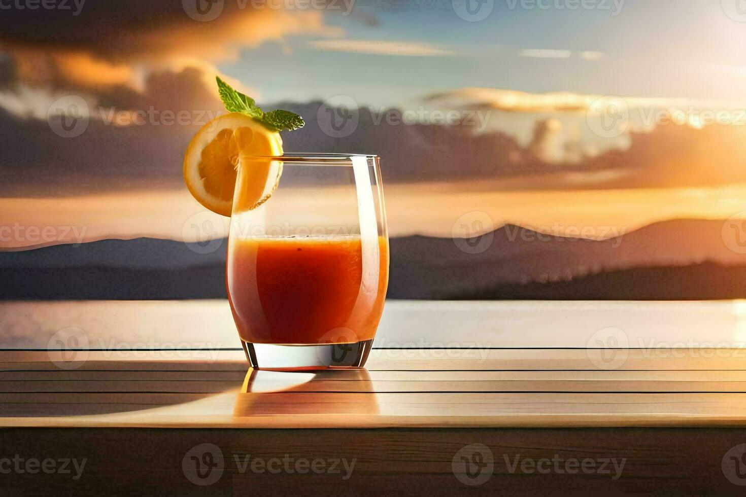 un' bicchiere di arancia succo con un' fetta di Limone su il tavolo. ai-generato foto