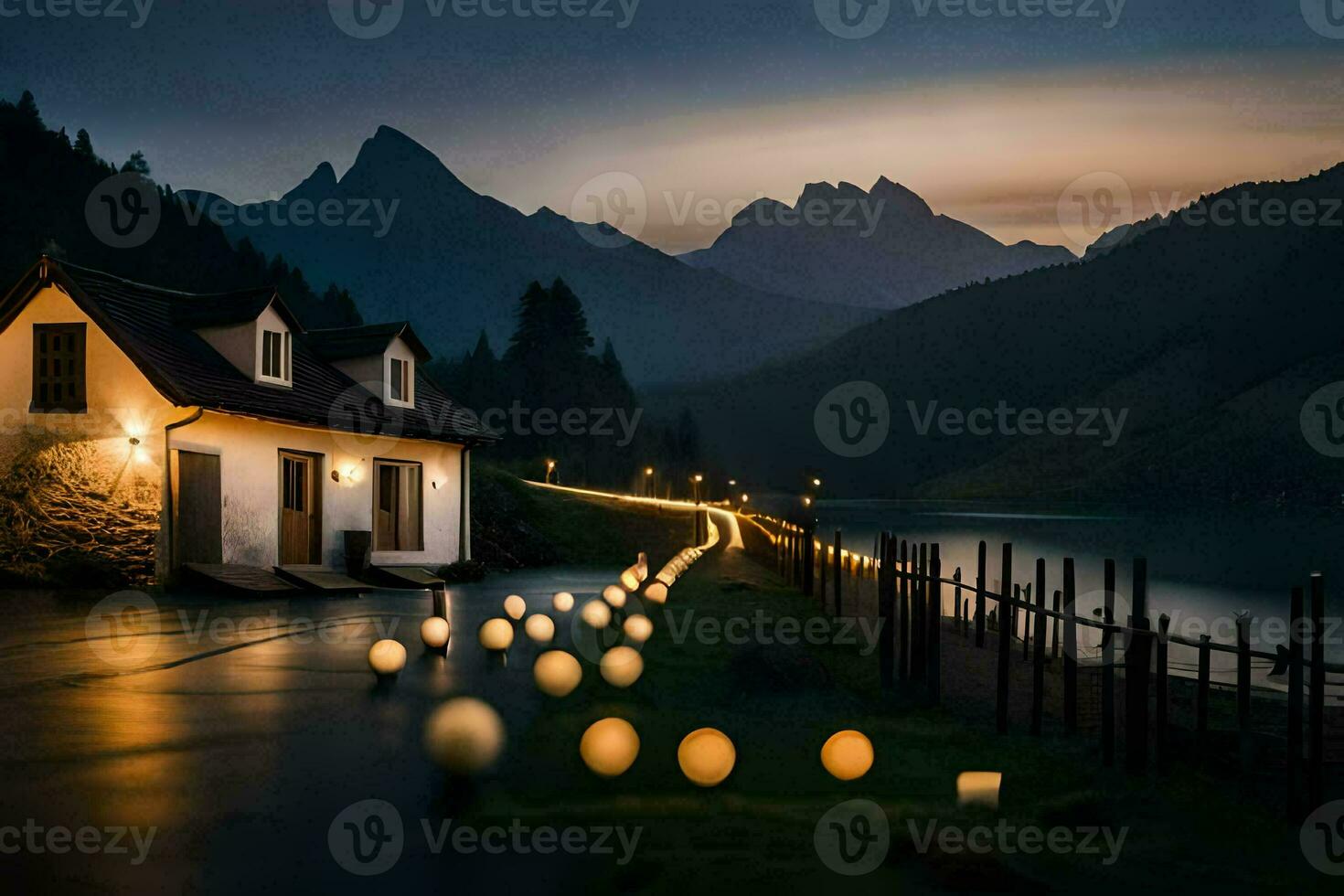 un' Casa con luci su il strada e un' lago. ai-generato foto