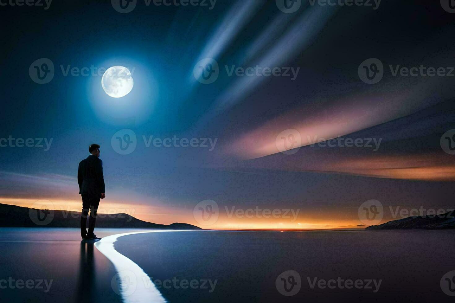 un' uomo in piedi su il bordo di un' lago con il Luna nel il sfondo. ai-generato foto