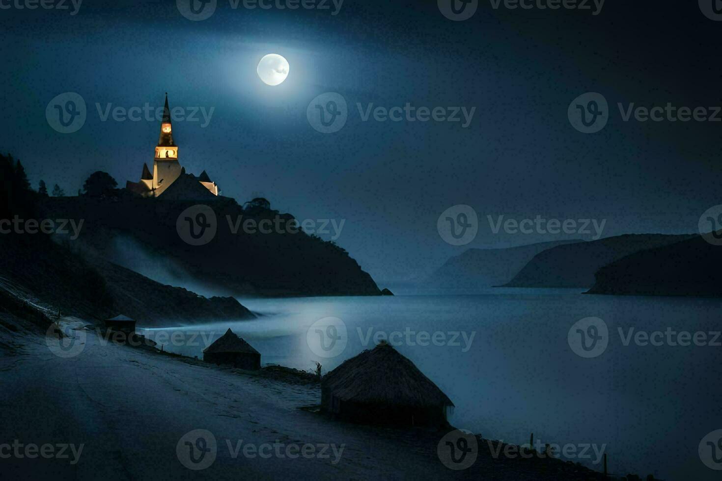 un' Chiesa è visto nel il chiaro di luna su un' collina prospiciente il acqua. ai-generato foto