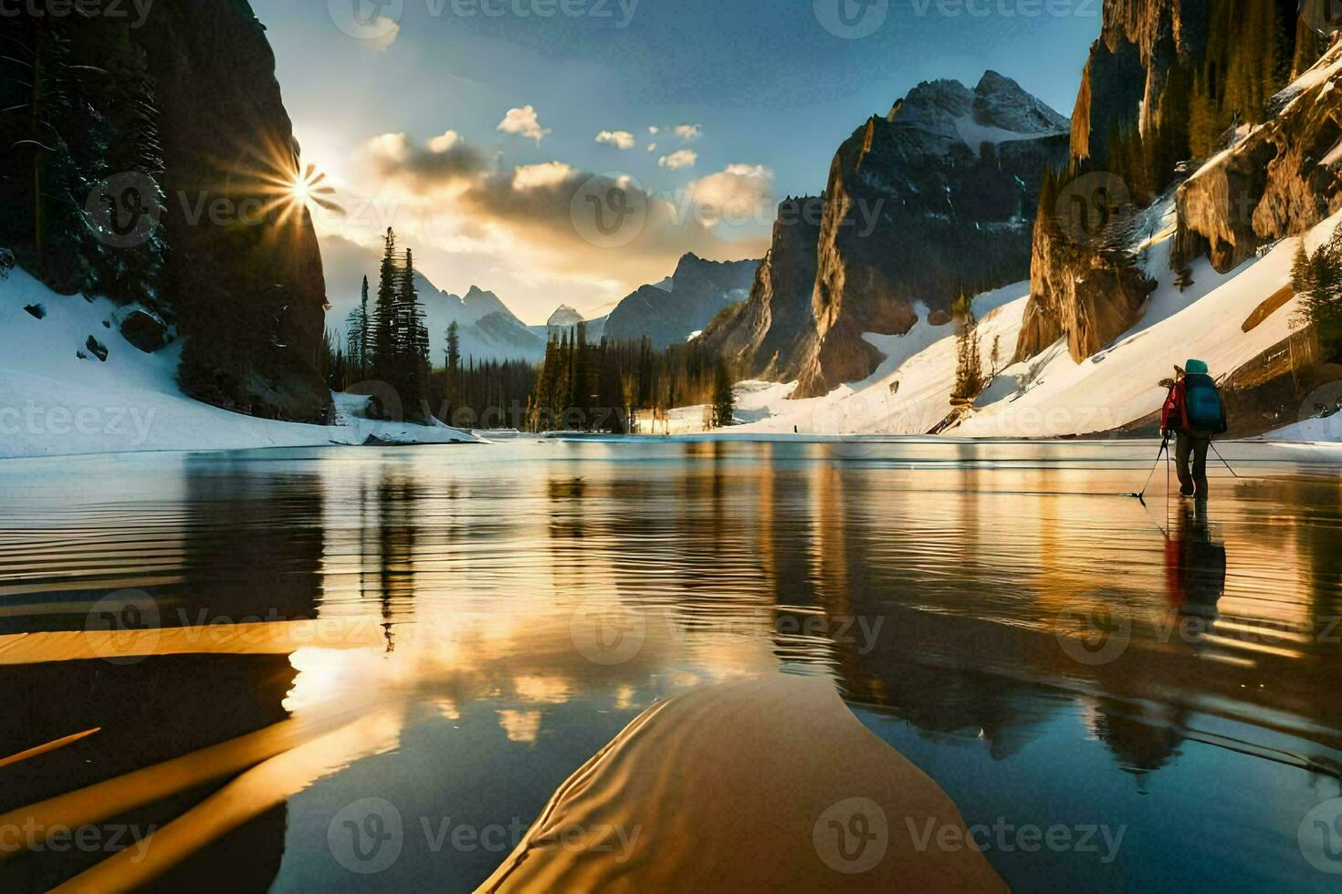 un' persona a piedi attraverso un' congelato lago nel il montagne. ai-generato foto