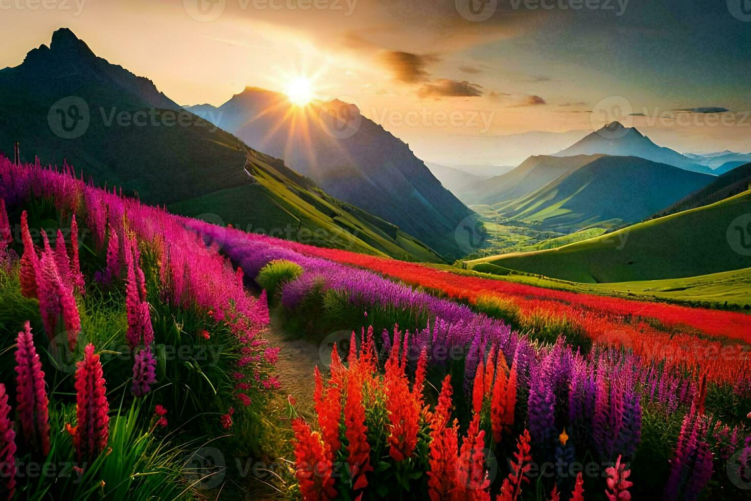 il sole sorge al di sopra di un' campo di colorato fiori. ai-generato foto