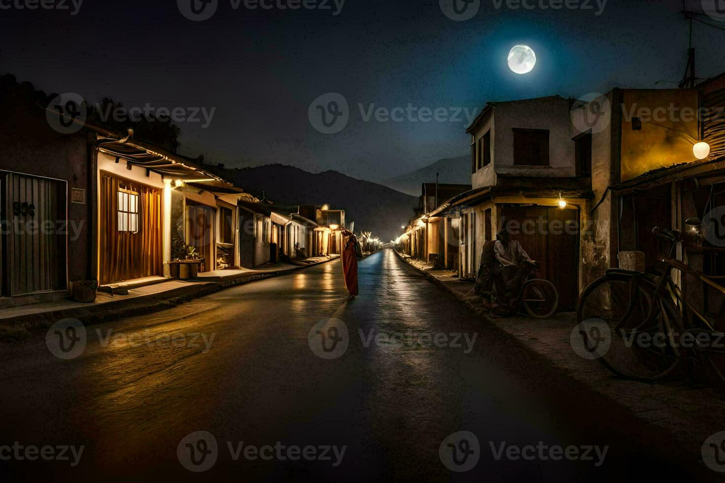 un' uomo passeggiate giù il strada a notte con un' pieno Luna nel il sfondo. ai-generato foto