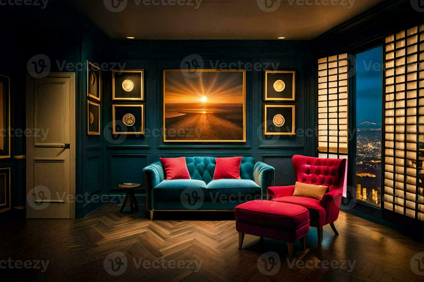 un' camera con blu muri e un' rosso sedia. ai-generato foto