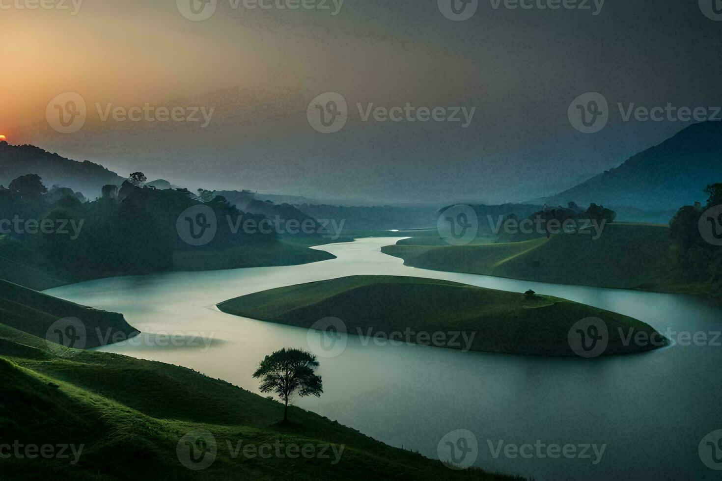 il sole sorge al di sopra di un' fiume nel il montagne. ai-generato foto