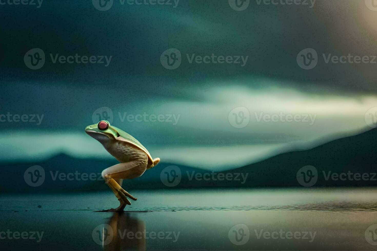 un' rana salto nel il acqua con un' buio cielo. ai-generato foto